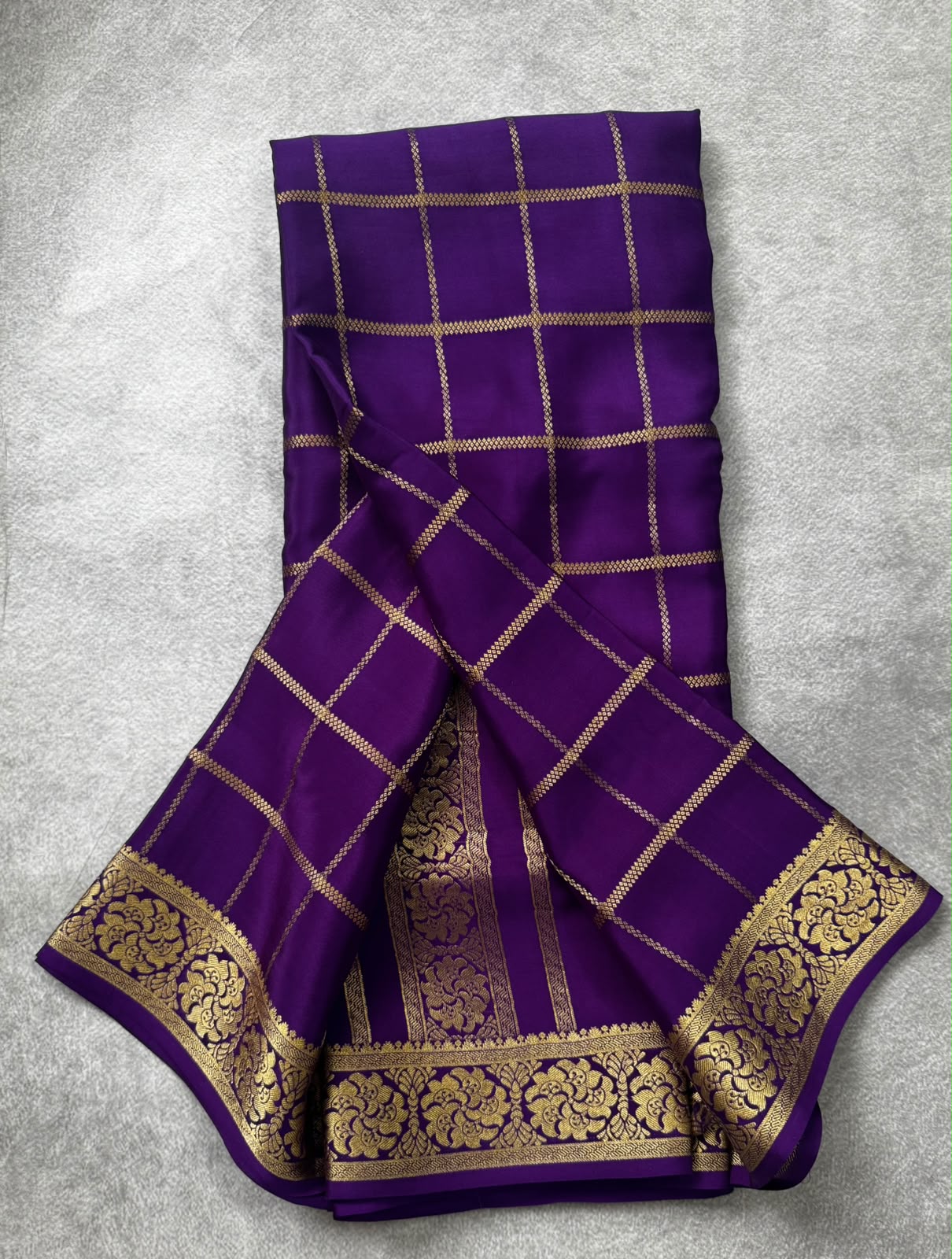 Purple checks pure mysore crepe silk saree MS107