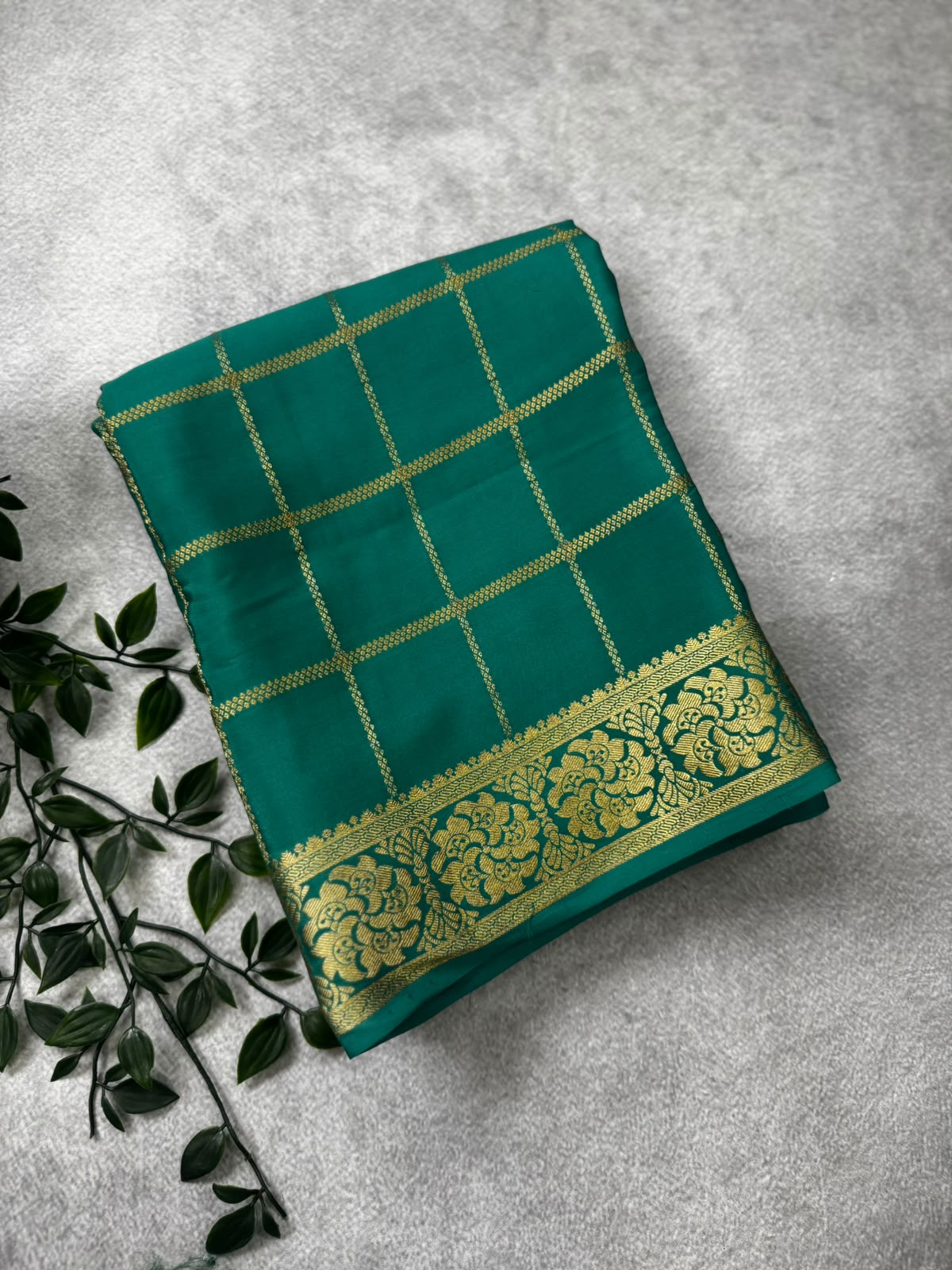 Rama green checks pure mysore crepe silk saree MS107
