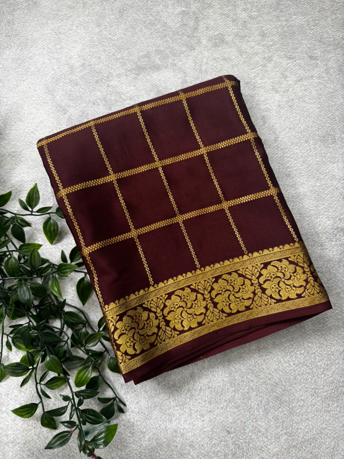 Brown checks pure mysore crepe silk saree MS107