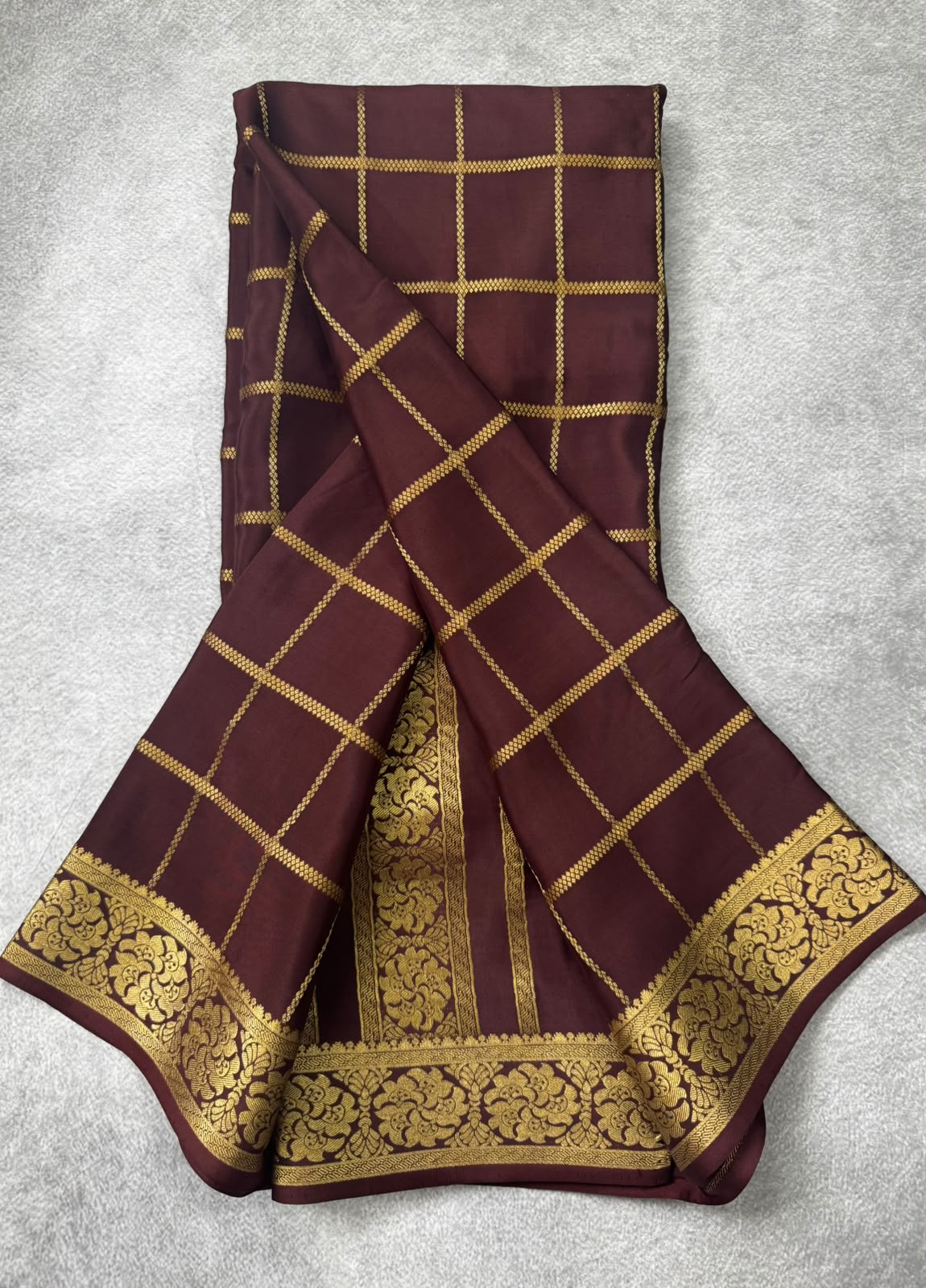 Brown checks pure mysore crepe silk saree MS107