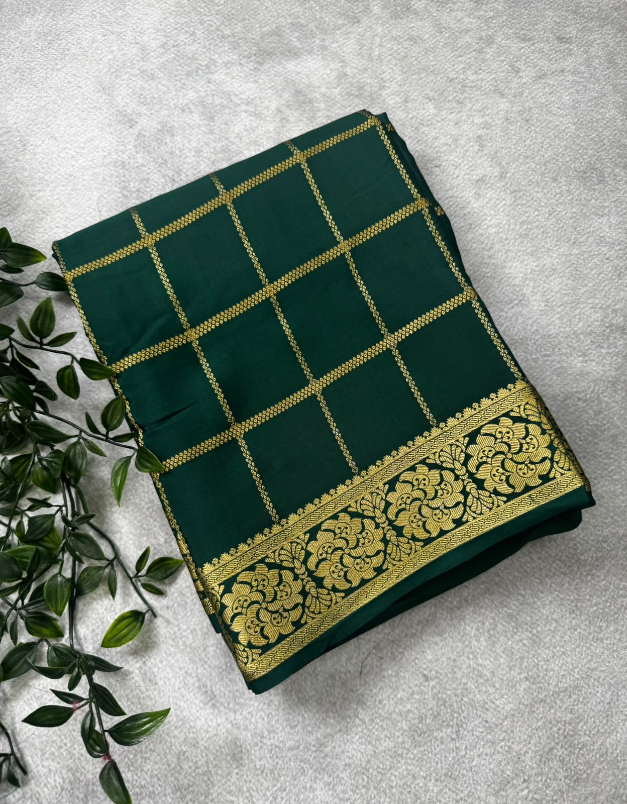 Bottle green checks pure mysore crepe silk saree MS107