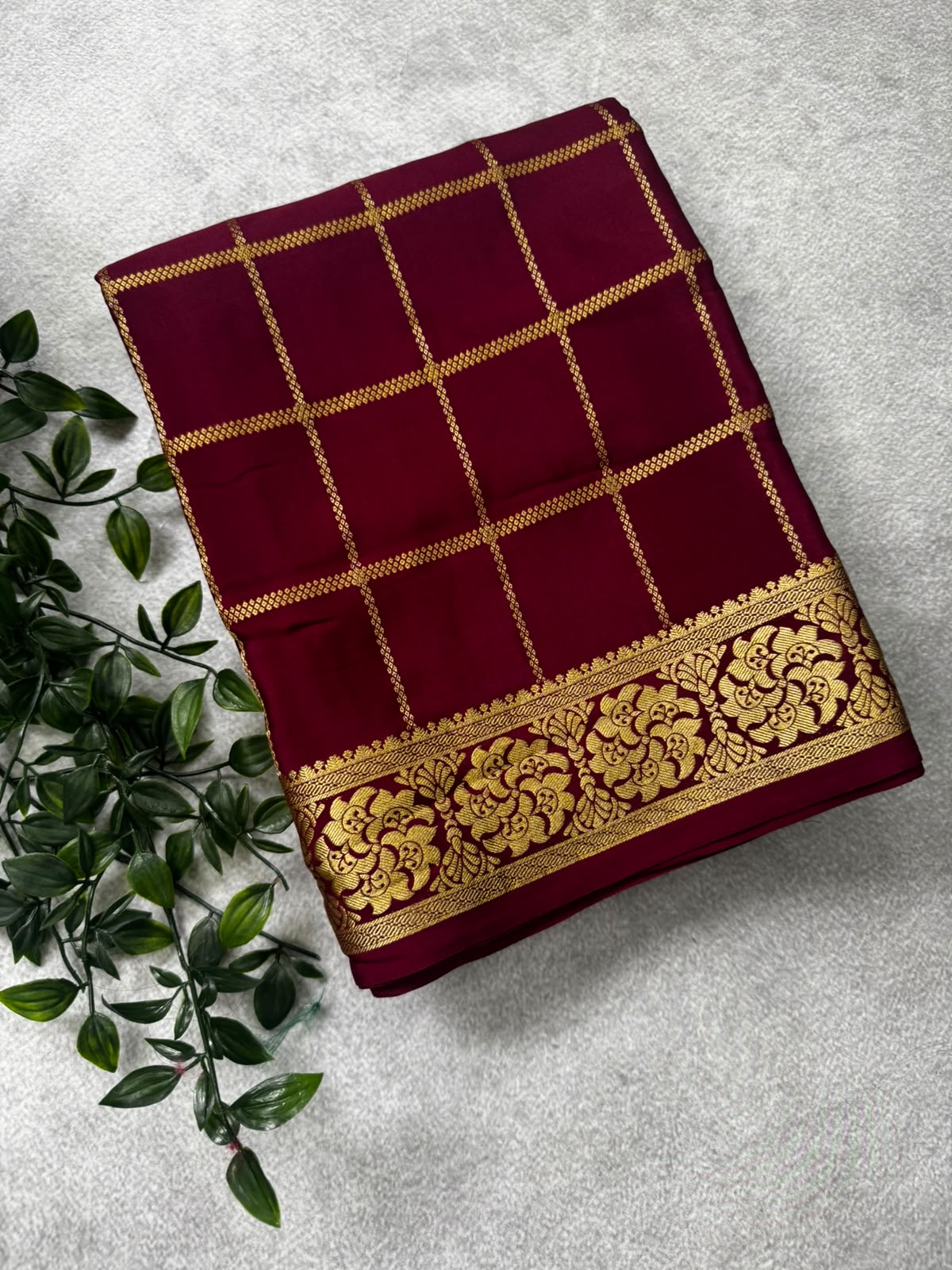 Maroon checks pure mysore crepe silk saree MS107
