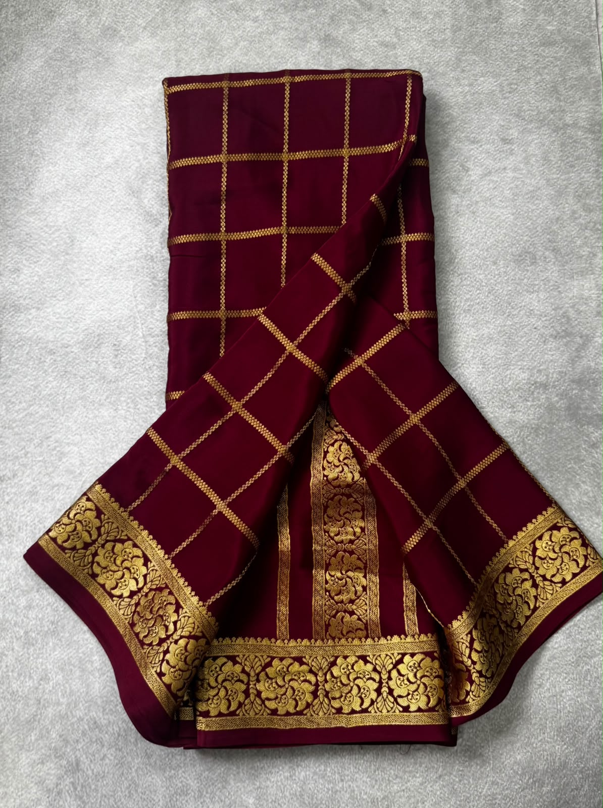 Maroon checks pure mysore crepe silk saree MS107