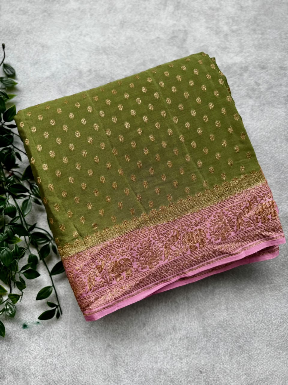 Olive Green Small Butta Pure Benarasi Crepe 107 Saree