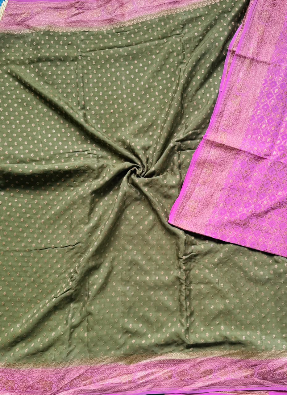Olive Green Small Butta Pure Benarasi Crepe 107 Saree