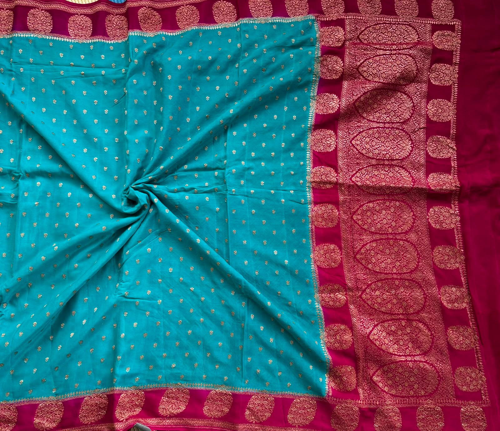 Teal Small Butta Pure Benarasi Crepe 107 Saree