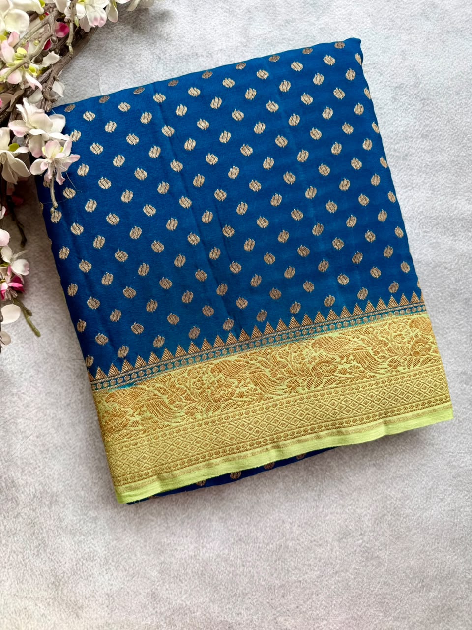 Peacock Blue Small Butta Pure Benarasi Crepe 107 Saree