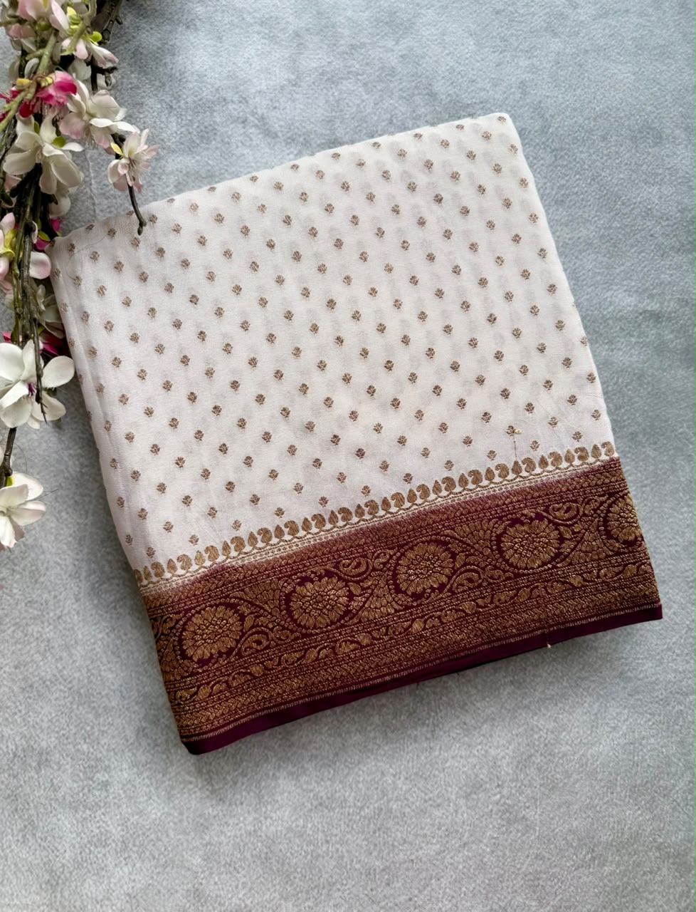 White Small Butta Pure Benarasi Crepe 107 Saree