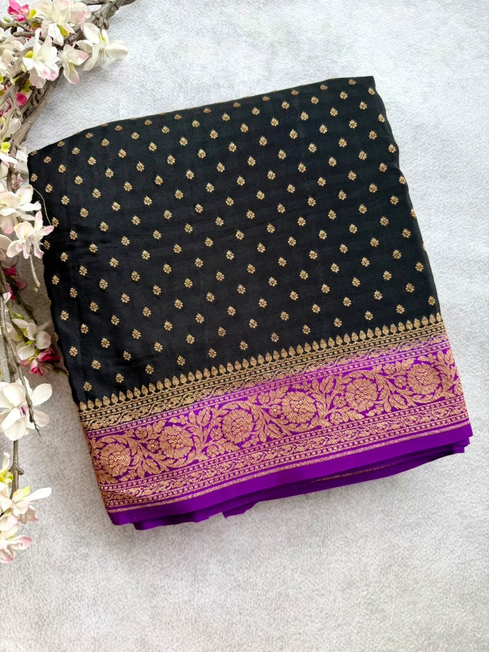 Black Small Butta Pure Benarasi Crepe 107 Saree