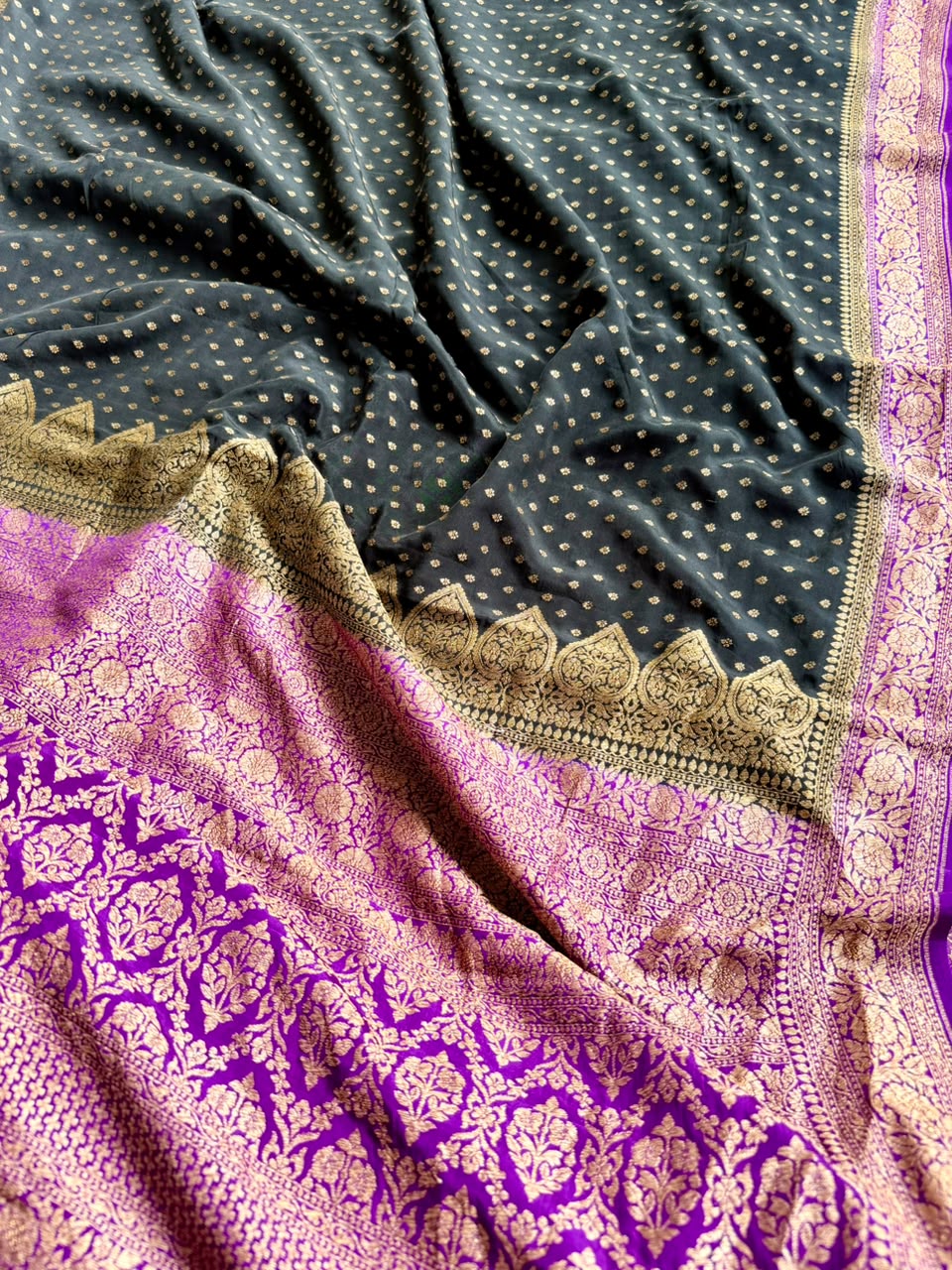 Black Small Butta Pure Benarasi Crepe 107 Saree