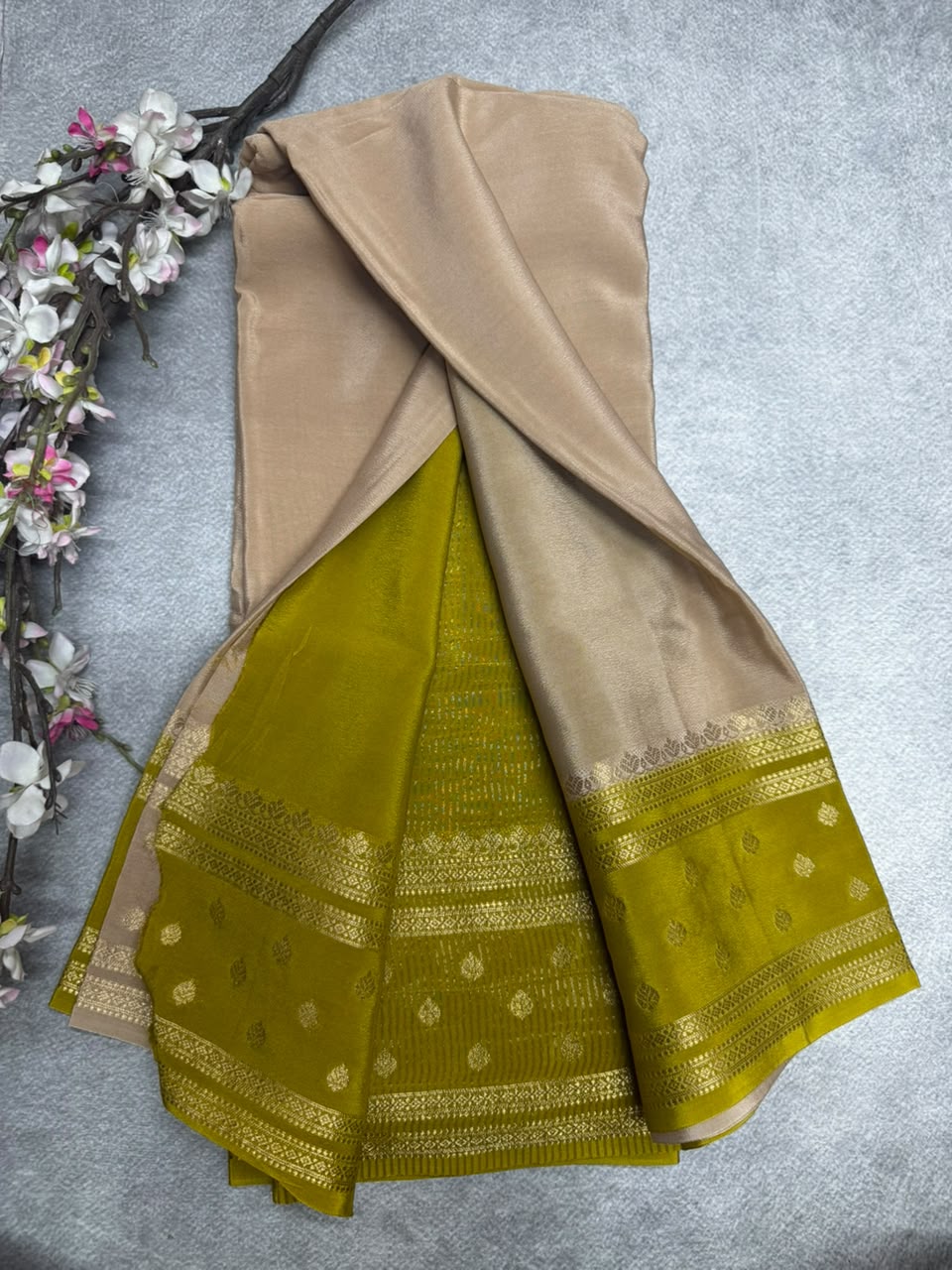 Beige Semi Mysore Crepe Silk 107 Saree