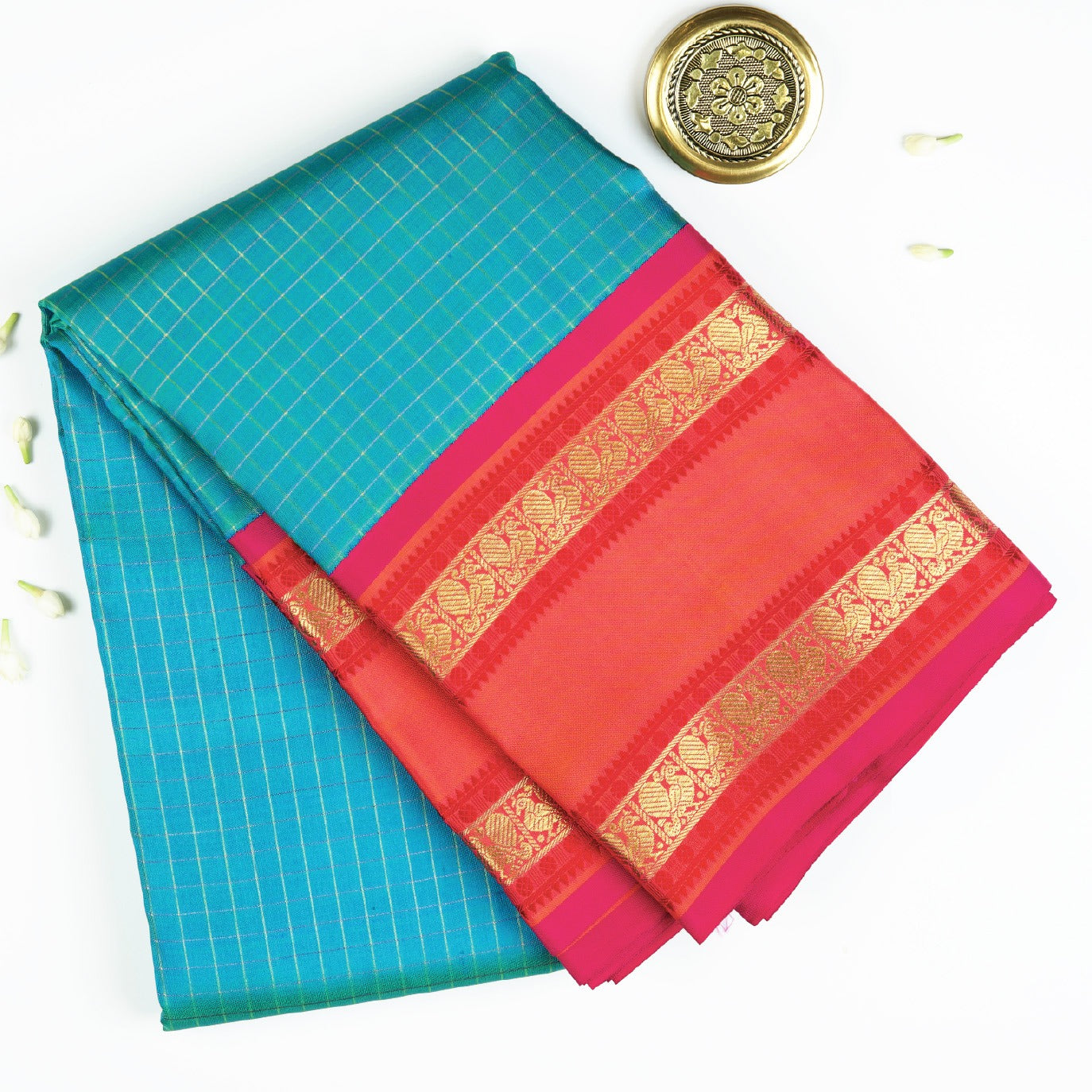 Blue Checks Pure Kanchi Silk Saree 4G (Swara)