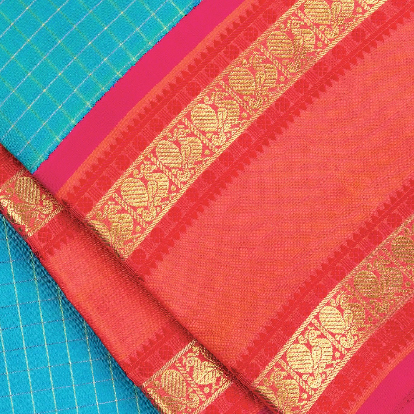 Blue Checks Pure Kanchi Silk Saree 4G (Swara)