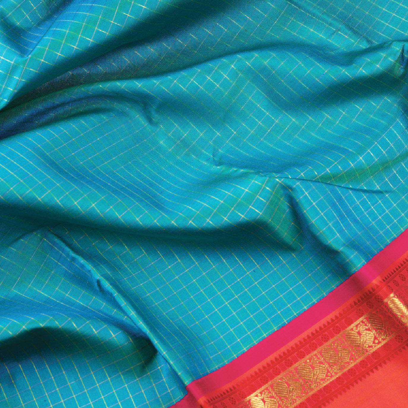Blue Checks Pure Kanchi Silk Saree 4G (Swara)