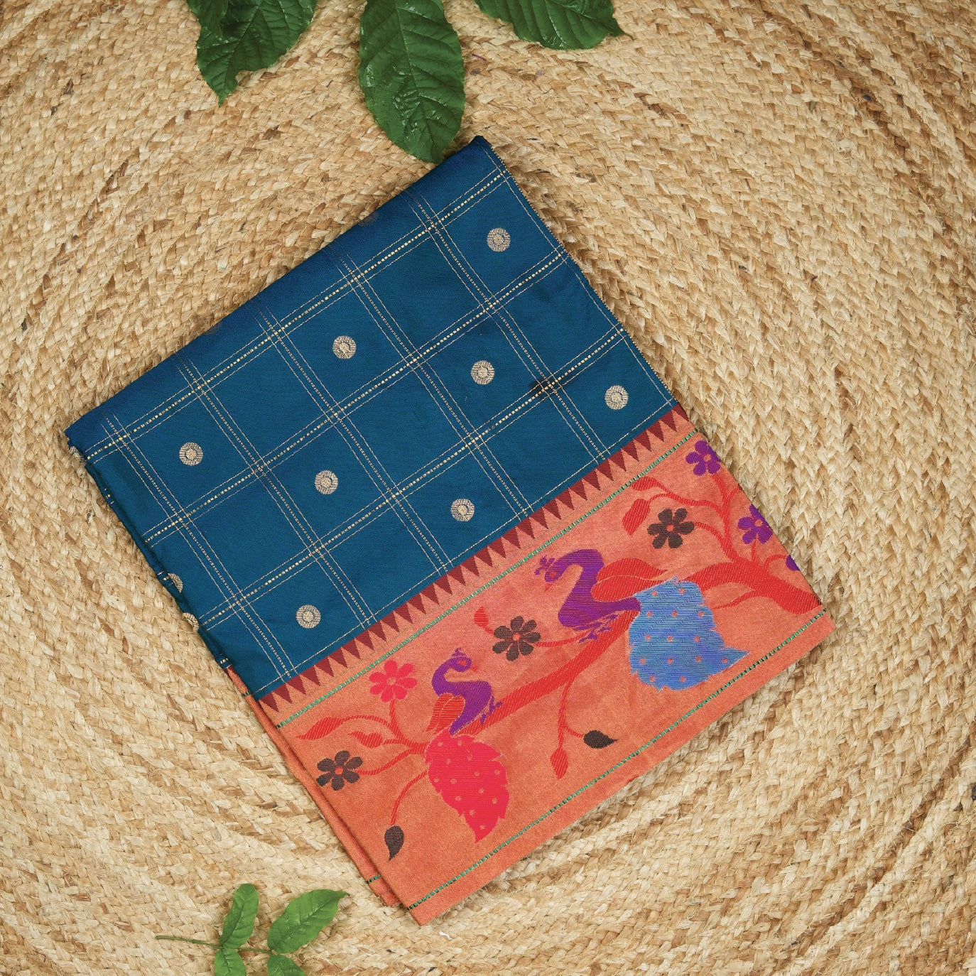 Peacock Blue Checks Pure Paithani Silk Saree (Swara)