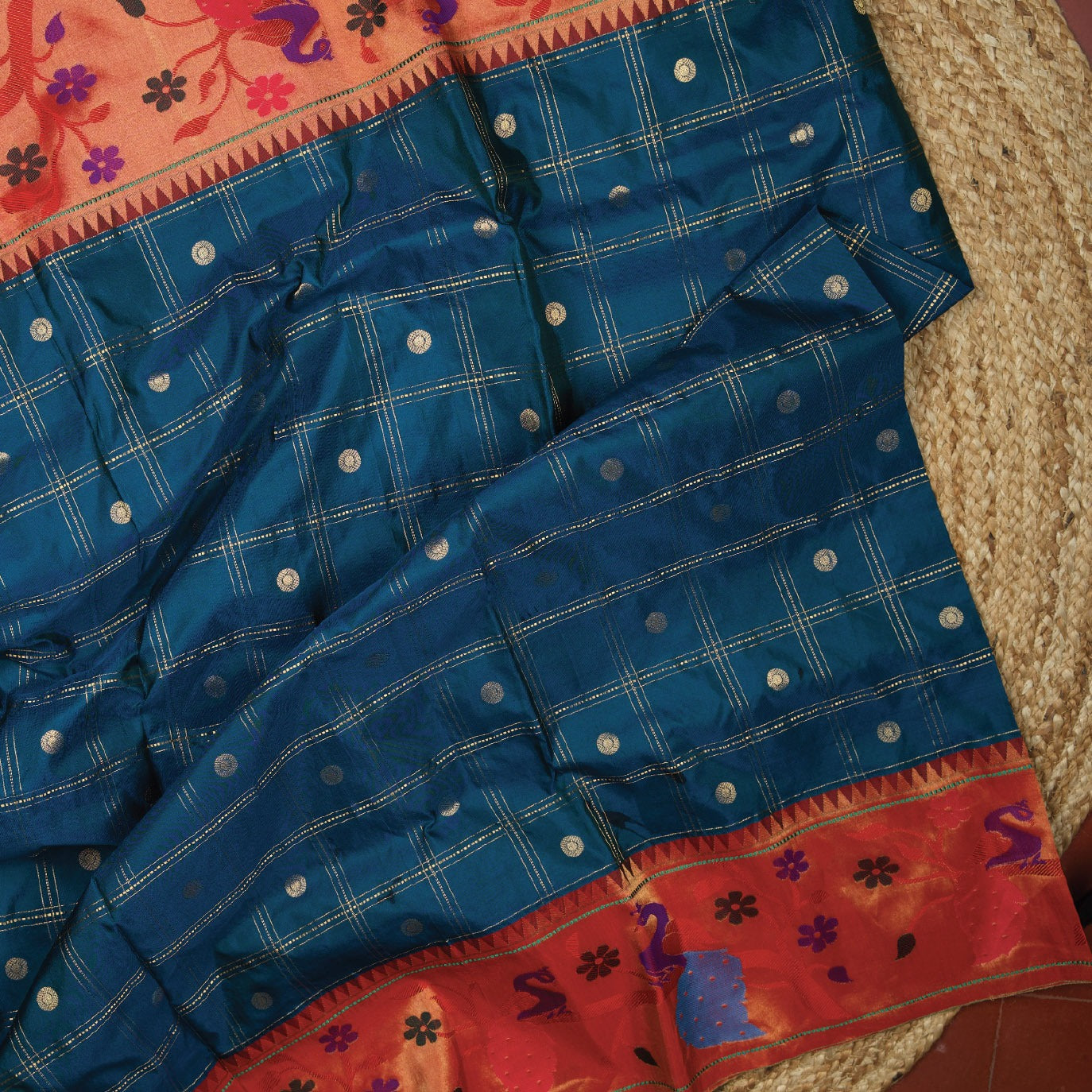 Peacock Blue Checks Pure Paithani Silk Saree (Swara)