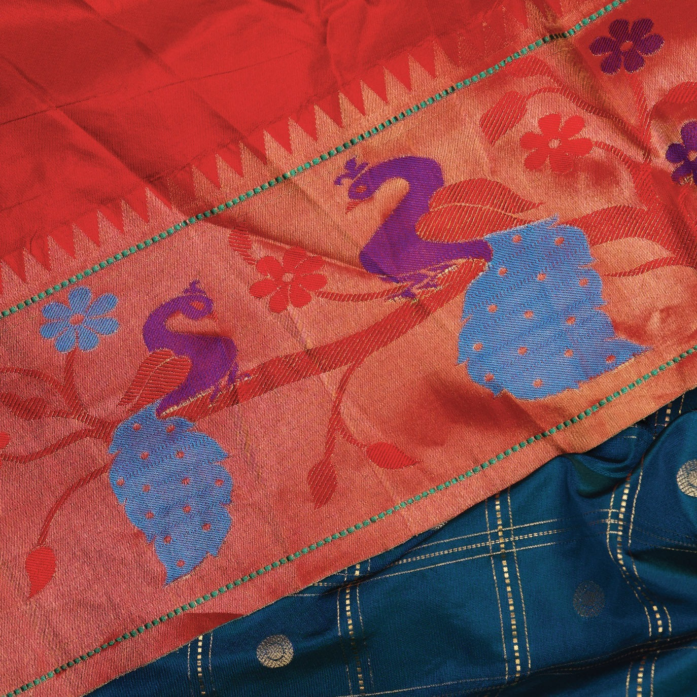 Peacock Blue Checks Pure Paithani Silk Saree (Swara)