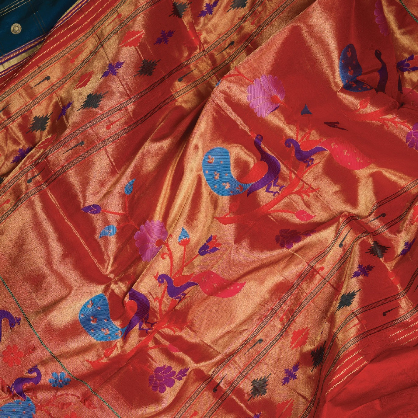 Peacock Blue Checks Pure Paithani Silk Saree (Swara)