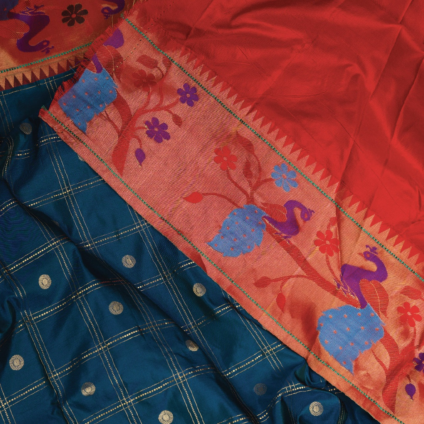 Peacock Blue Checks Pure Paithani Silk Saree (Swara)