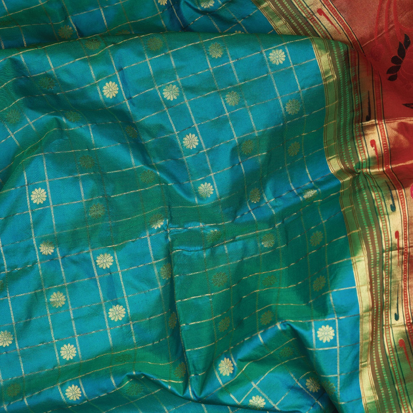Teal Checks Pure Paithani Silk Saree (Swara)