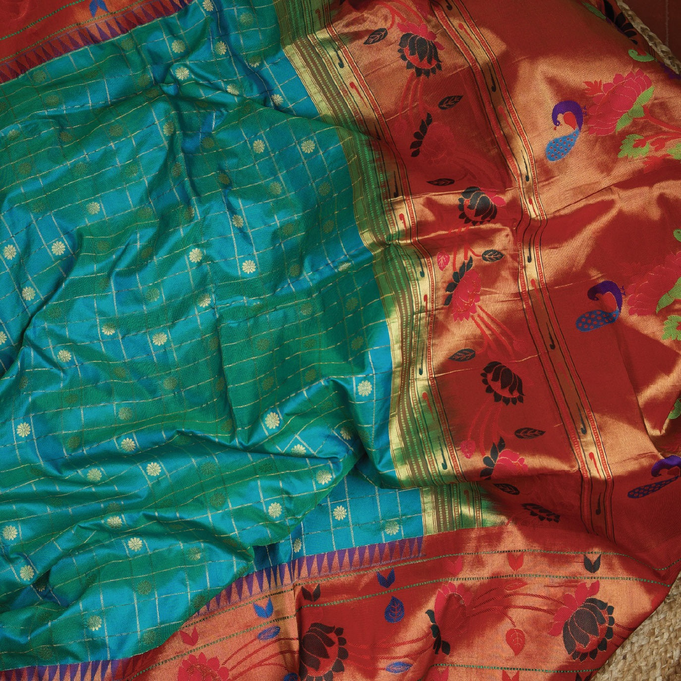 Teal Checks Pure Paithani Silk Saree (Swara)