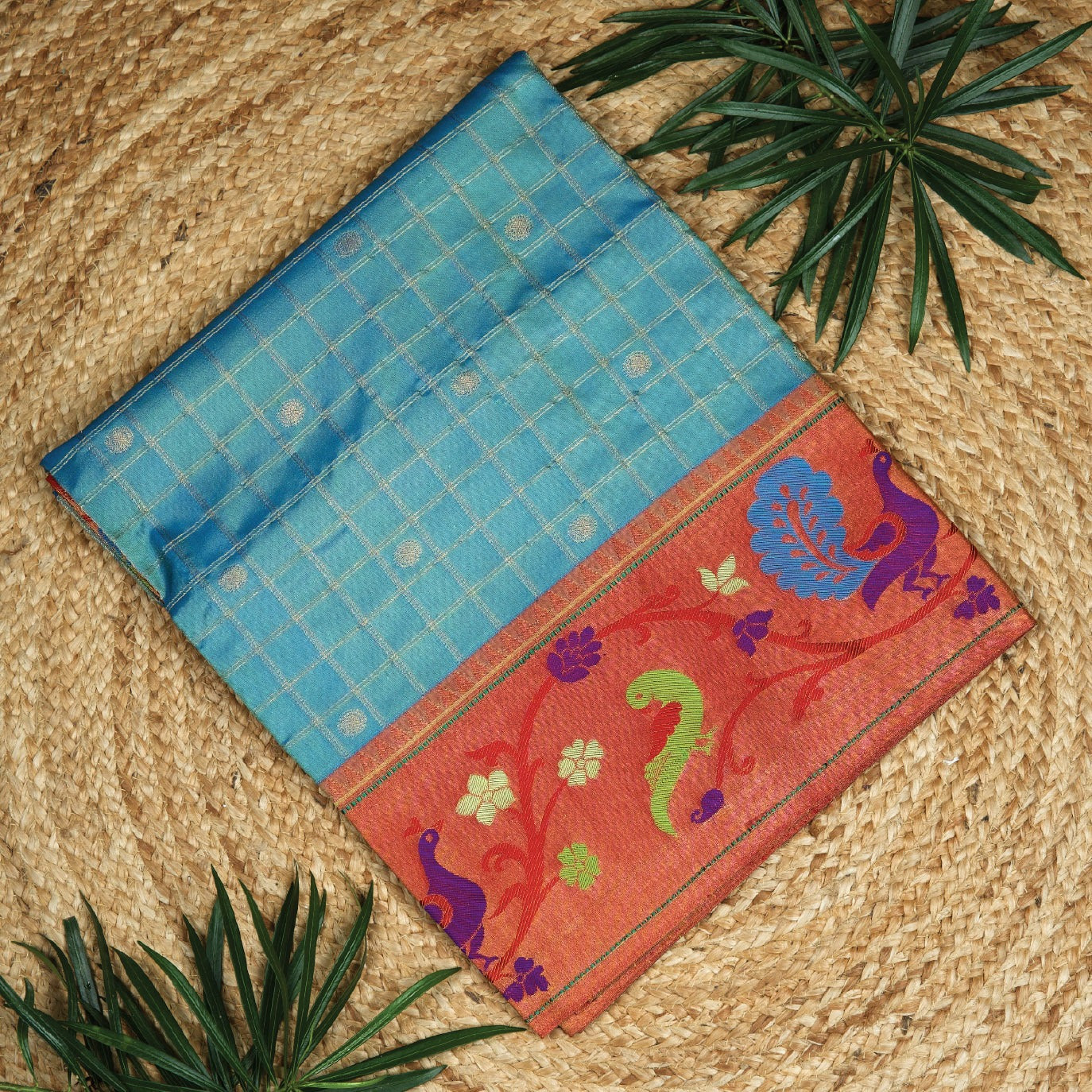 Sky Blue Checks Pure Paithani Silk Saree (Swara)