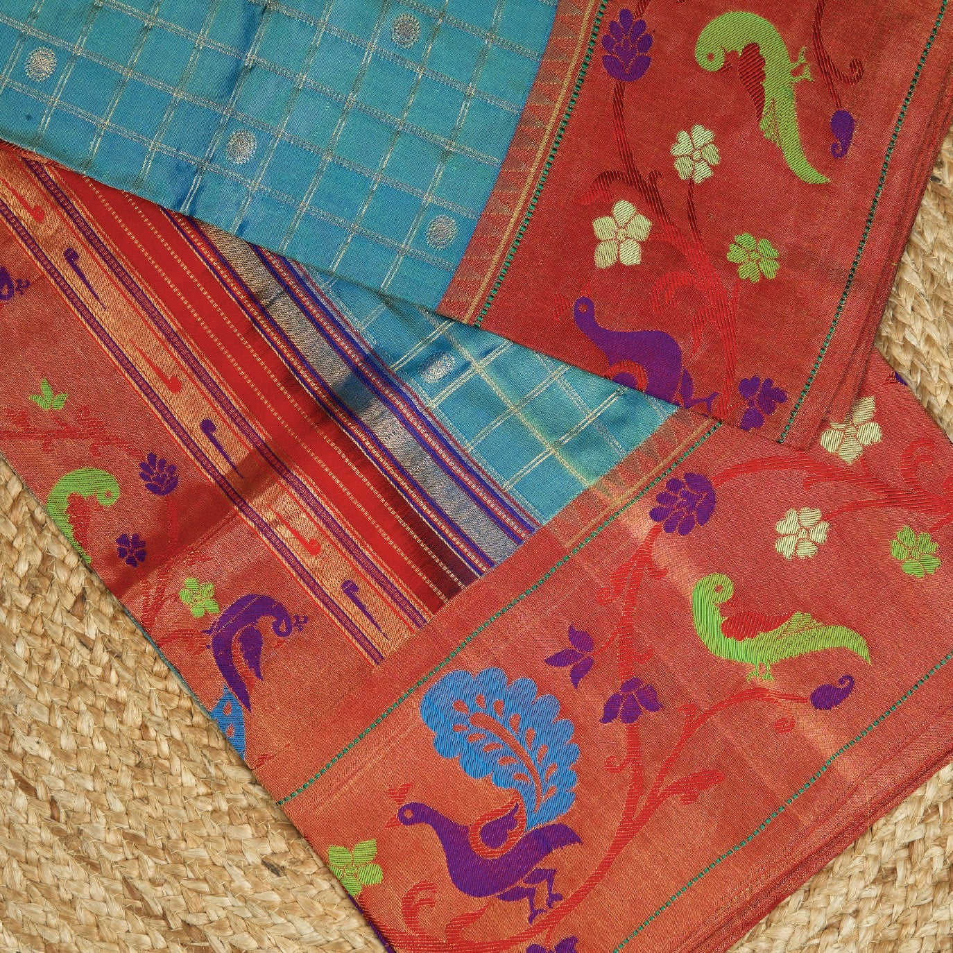 Sky Blue Checks Pure Paithani Silk Saree (Swara)