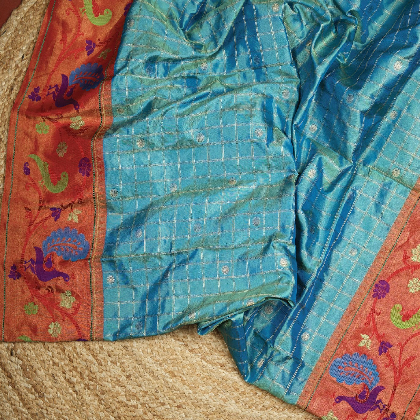 Sky Blue Checks Pure Paithani Silk Saree (Swara)