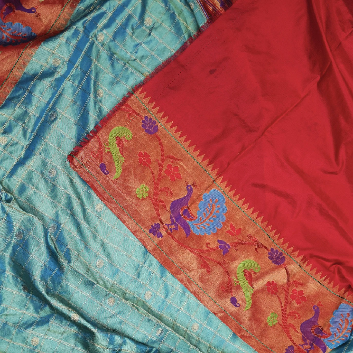 Sky Blue Checks Pure Paithani Silk Saree (Swara)