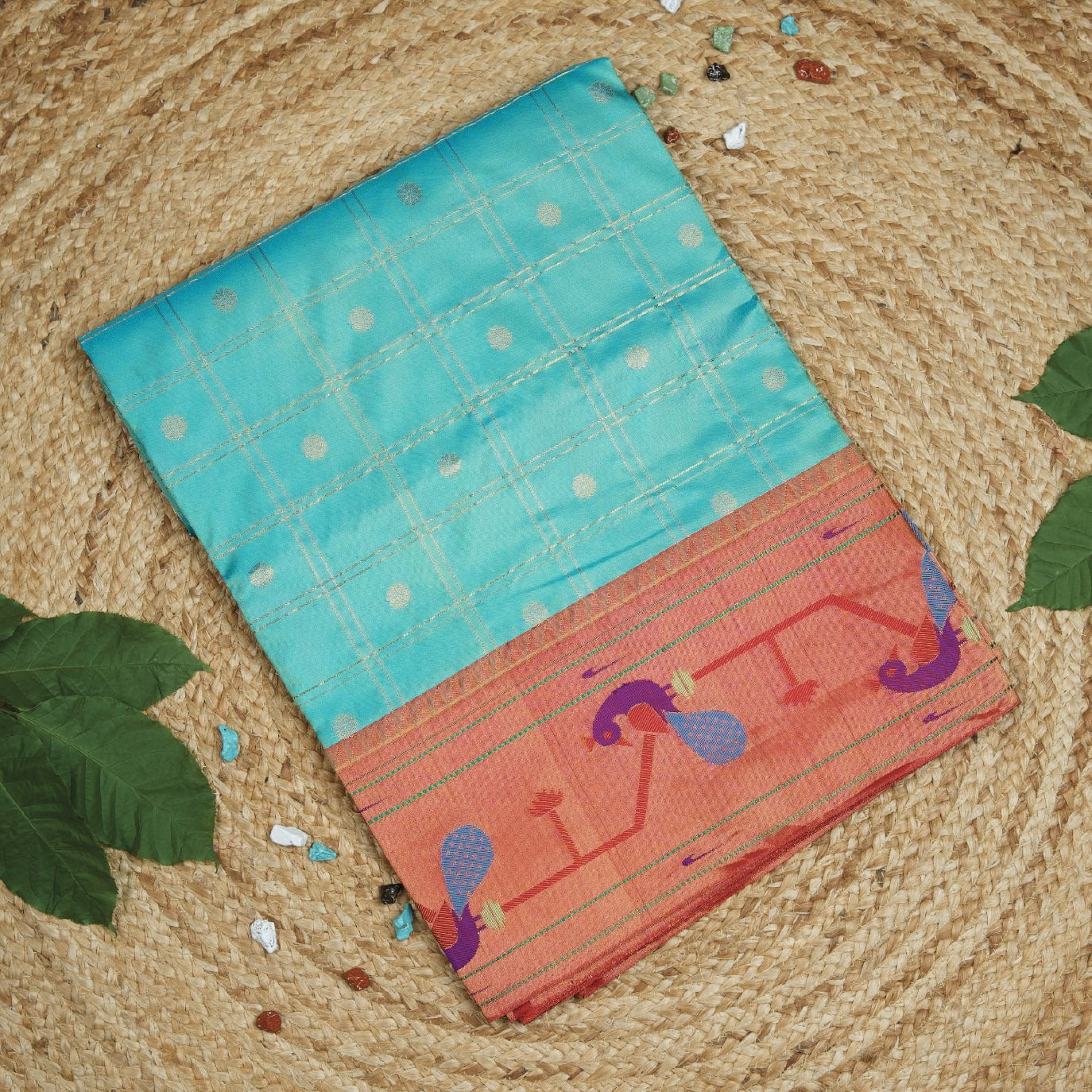 Sky Blue Checks Pure Paithani Silk Saree (Swara)