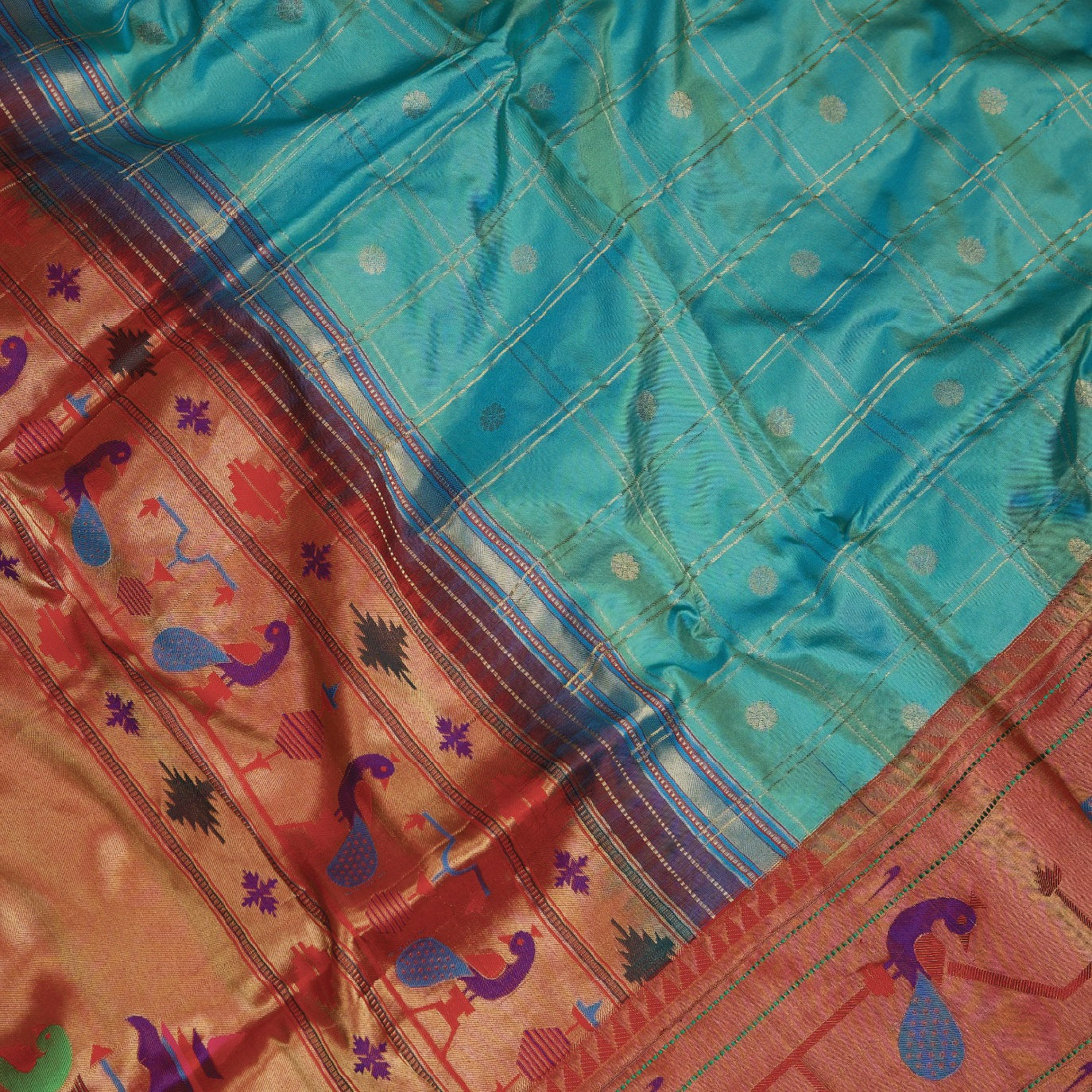 Sky Blue Checks Pure Paithani Silk Saree (Swara)