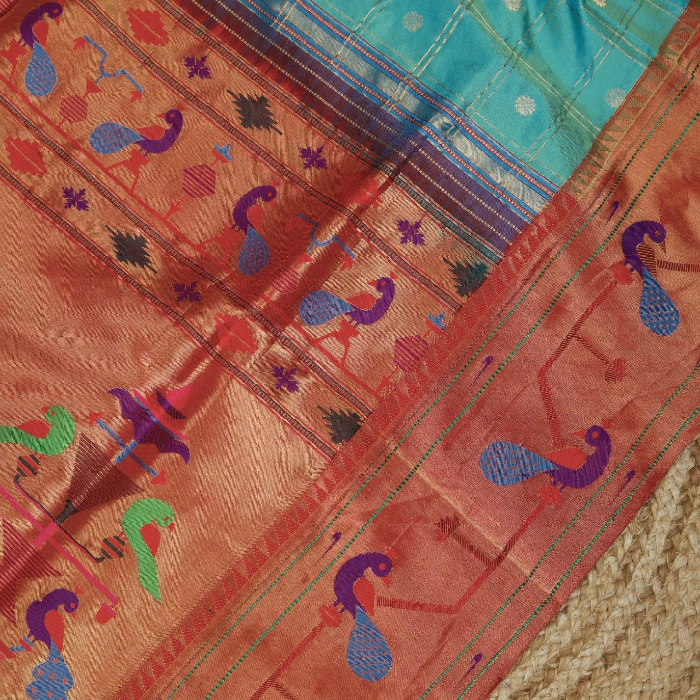 Sky Blue Checks Pure Paithani Silk Saree (Swara)