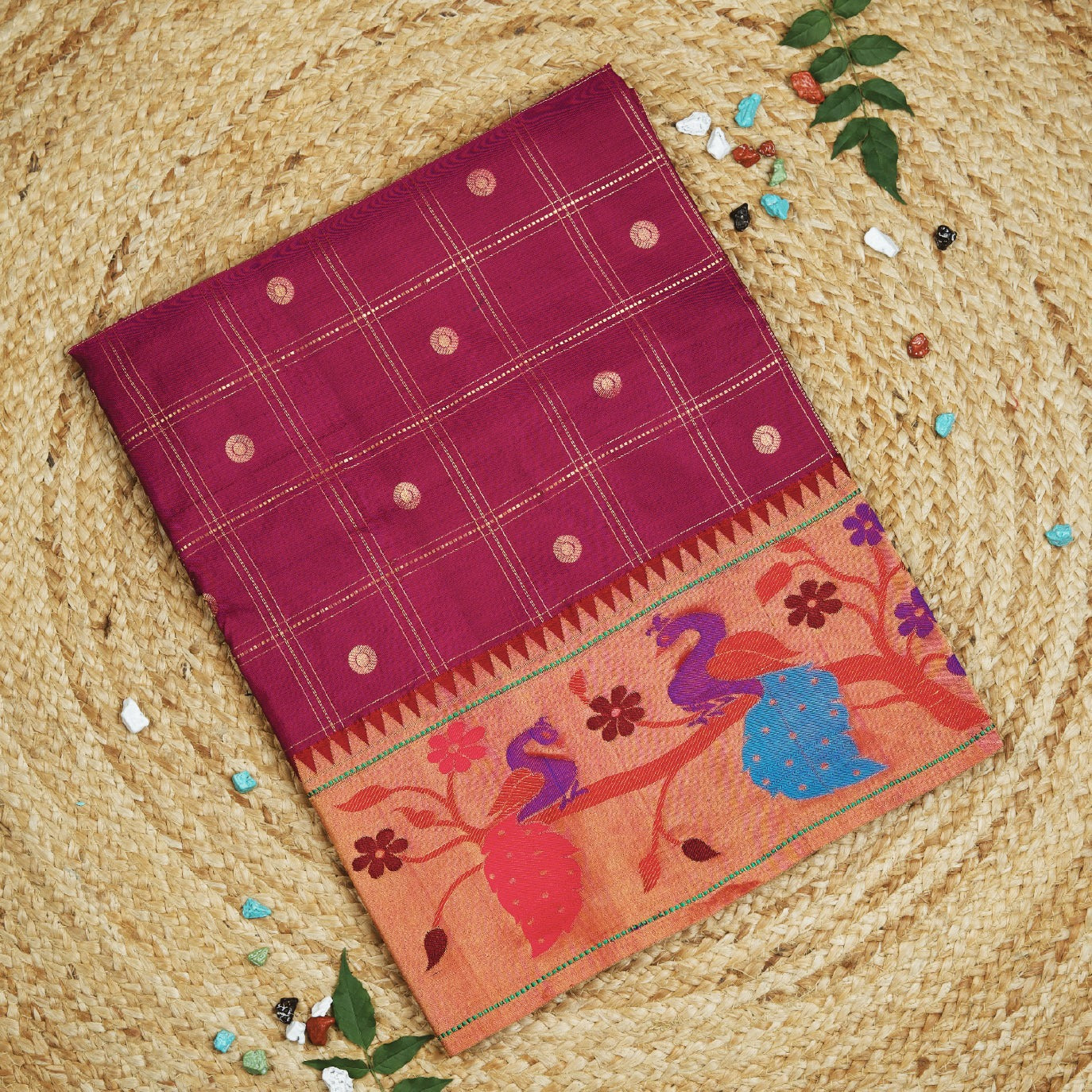 Maroon Checks Pure Paithani Silk Saree