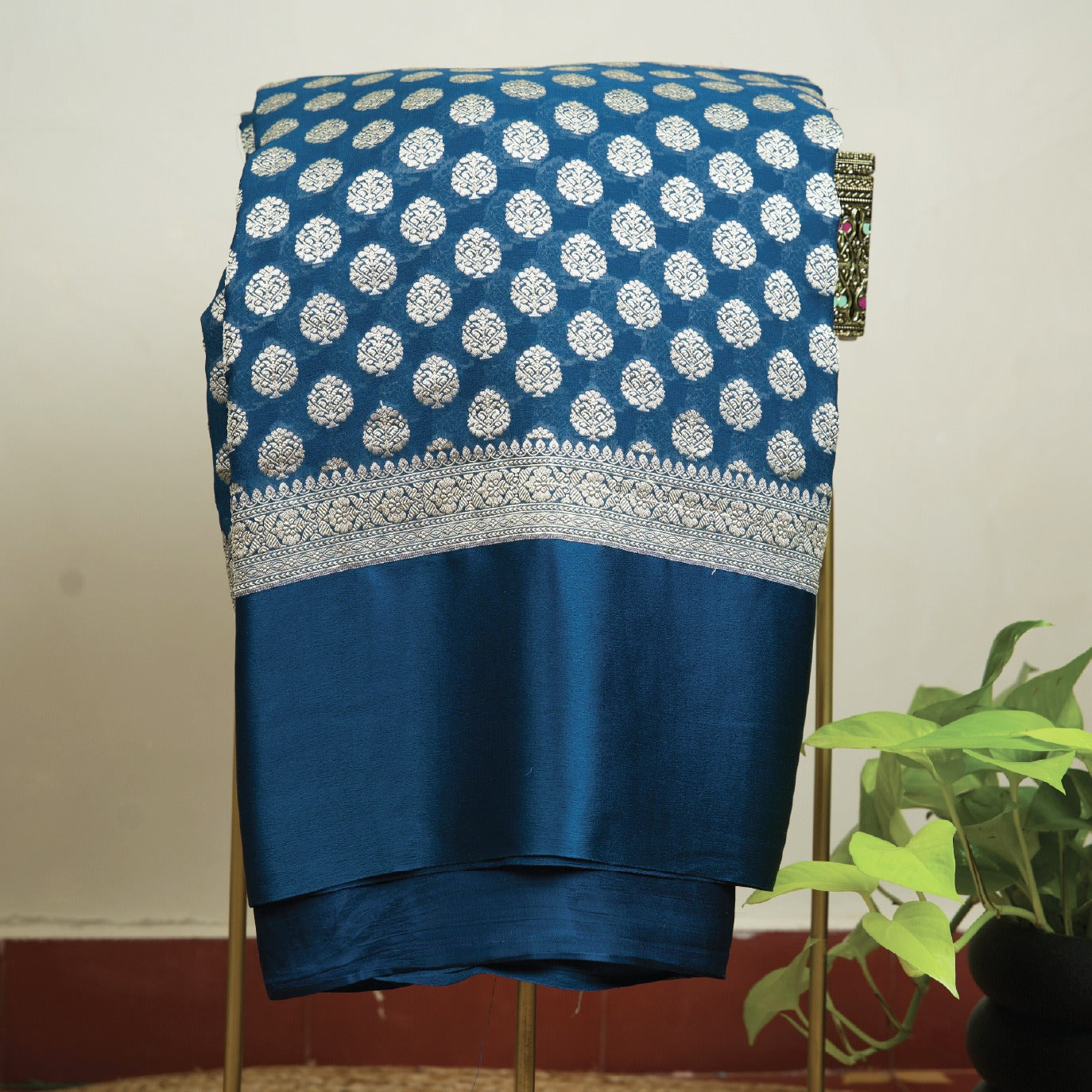 Peacock Blue Satin Border Pure Georgette Saree