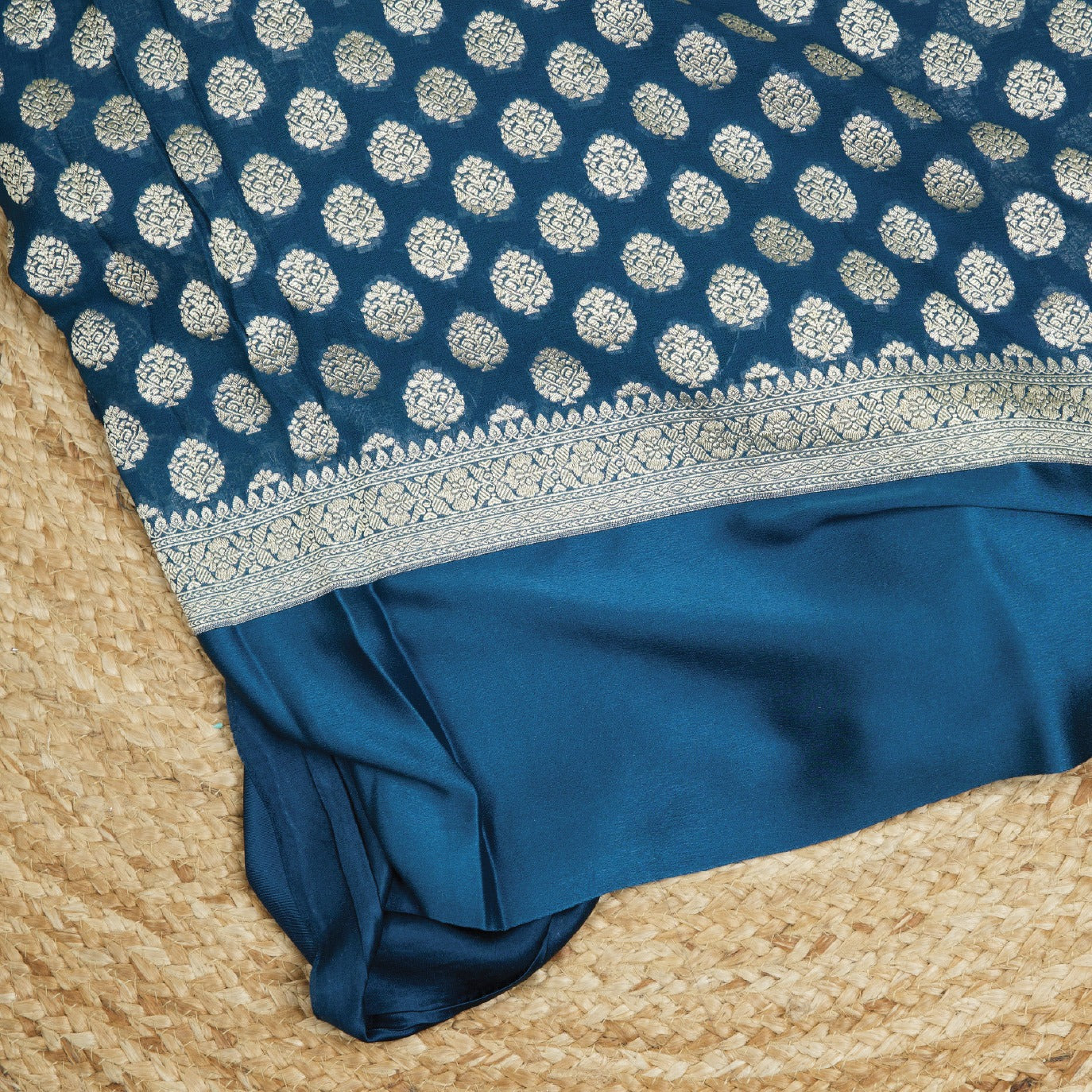 Peacock Blue Satin Border Pure Georgette Saree (Swara)