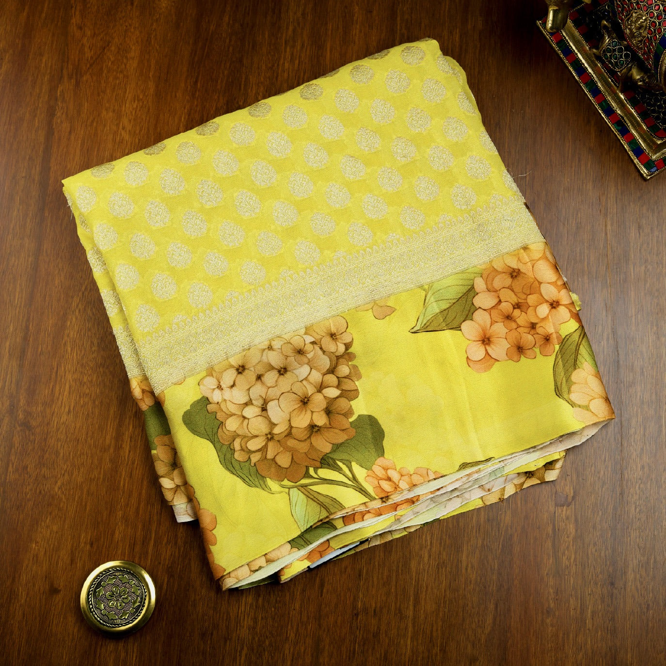 Yellow  Digital Print Border Pure Georgette Saree