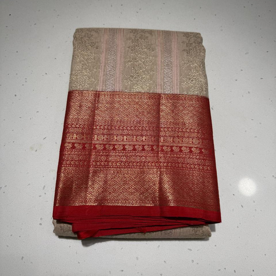 Beige Pure Kanchi Silk Saree