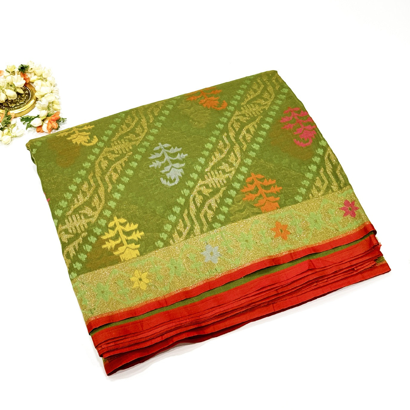 Olive Green Handloom Jamdani Pure Banarasi Cotton Saree (Swara)