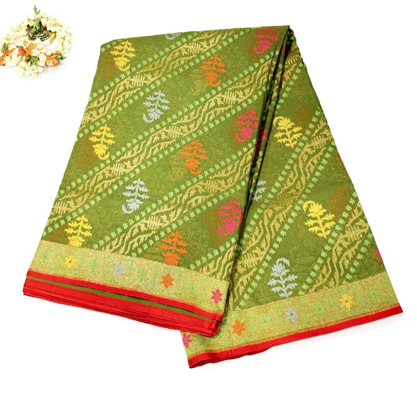 Olive Green Handloom Jamdani Pure Banarasi Cotton Saree (Swara)