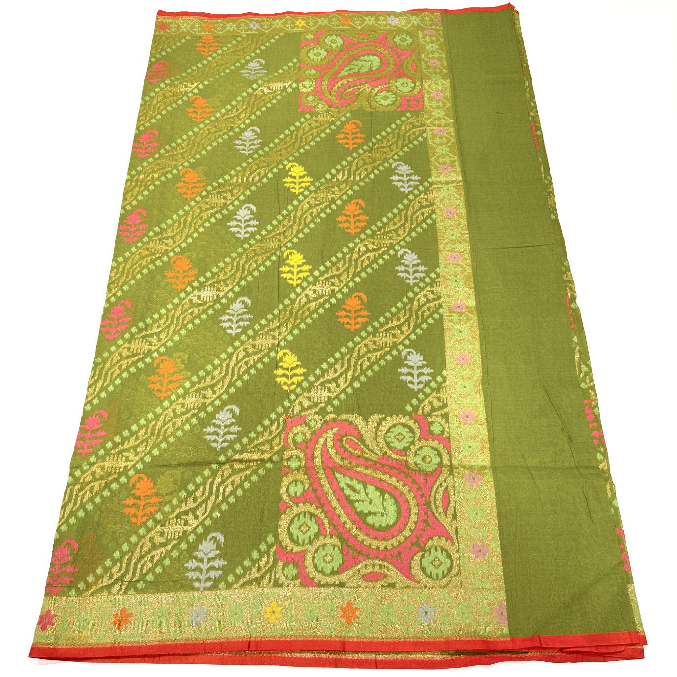 Olive Green Handloom Jamdani Pure Banarasi Cotton Saree (Swara)