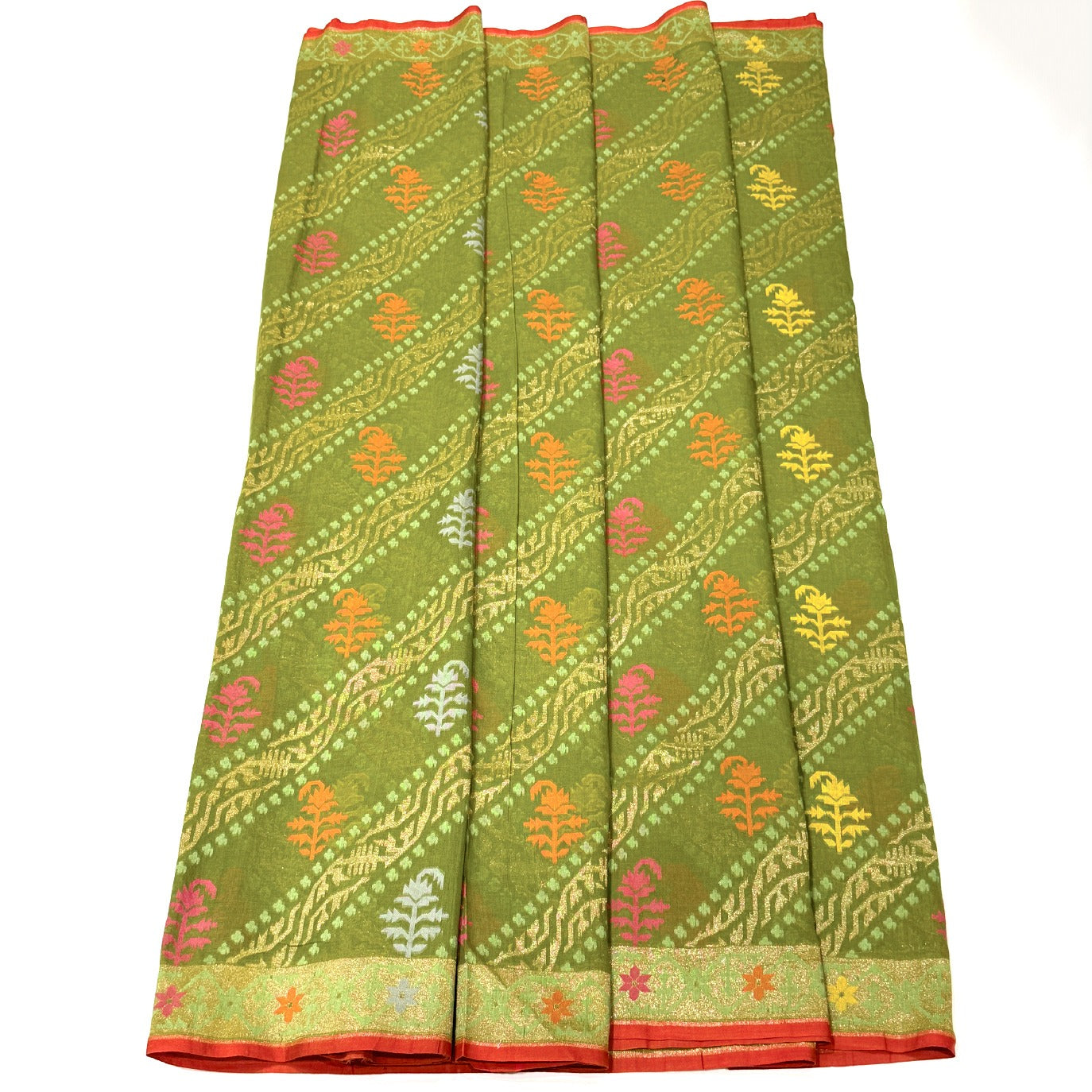 Olive Green Handloom Jamdani Pure Banarasi Cotton Saree (Swara)
