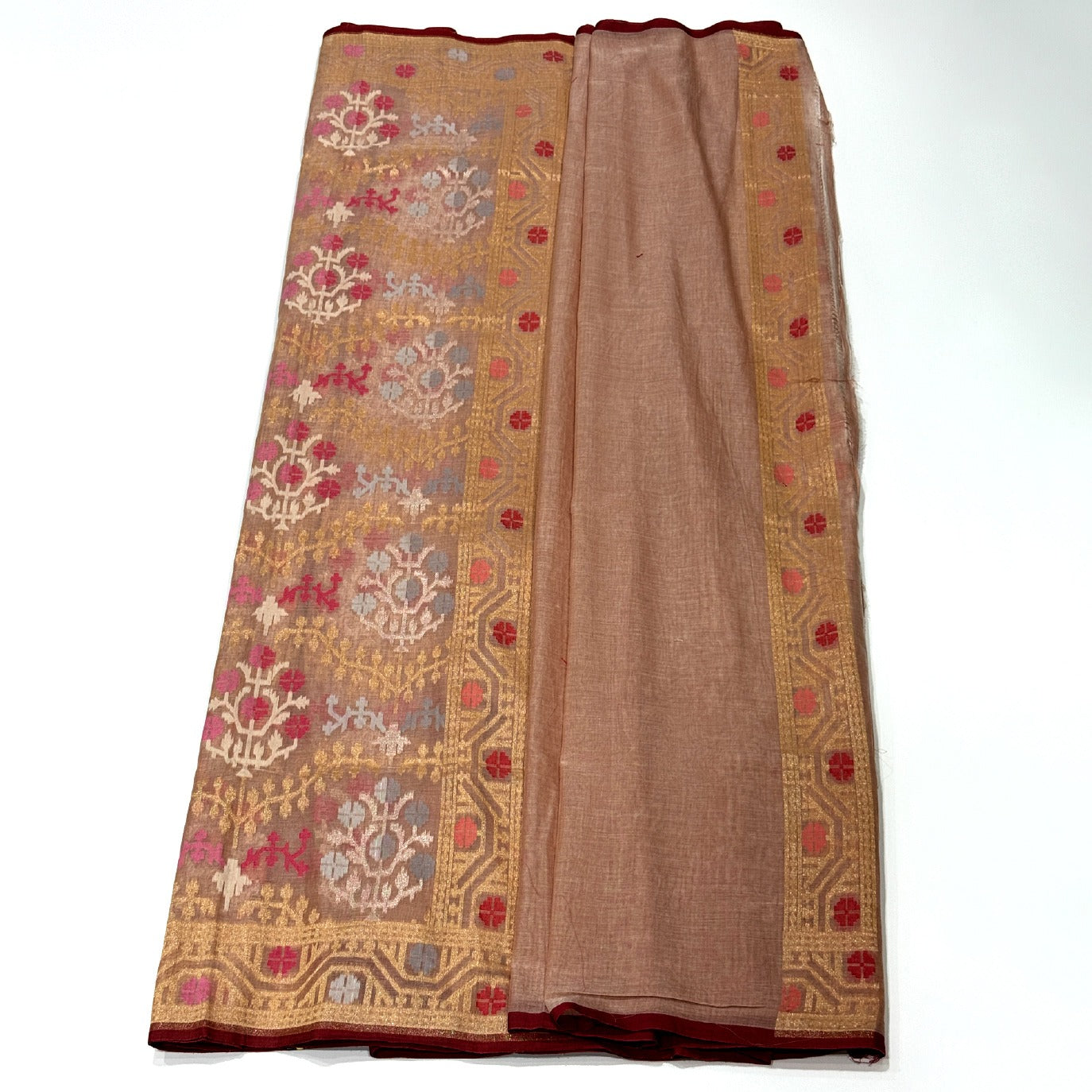 Beige Handloom Jamdani Pure Banarasi Cotton Saree (Swara)