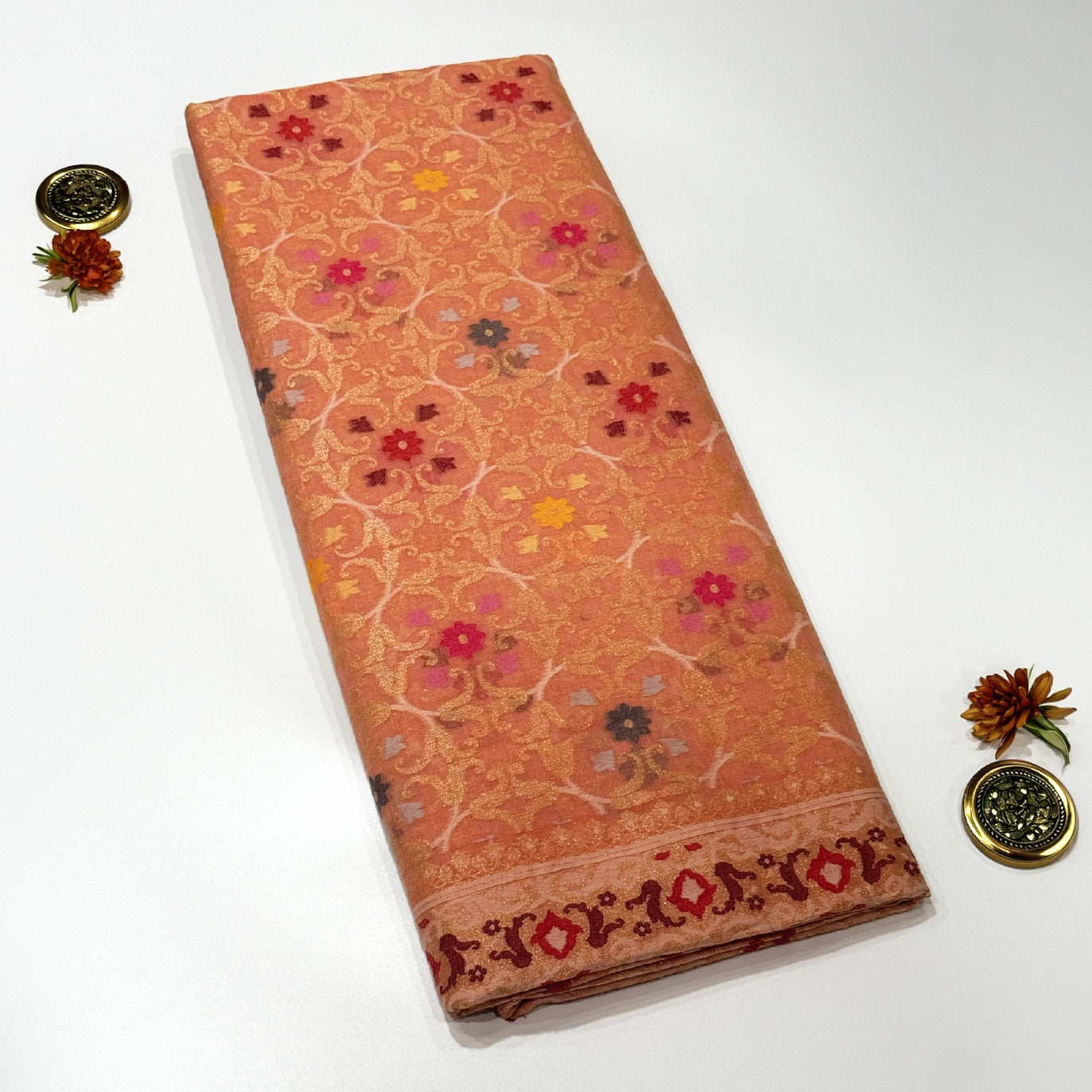 Peach Handloom Jamdani Pure Banarasi Cotton Saree (Swara)