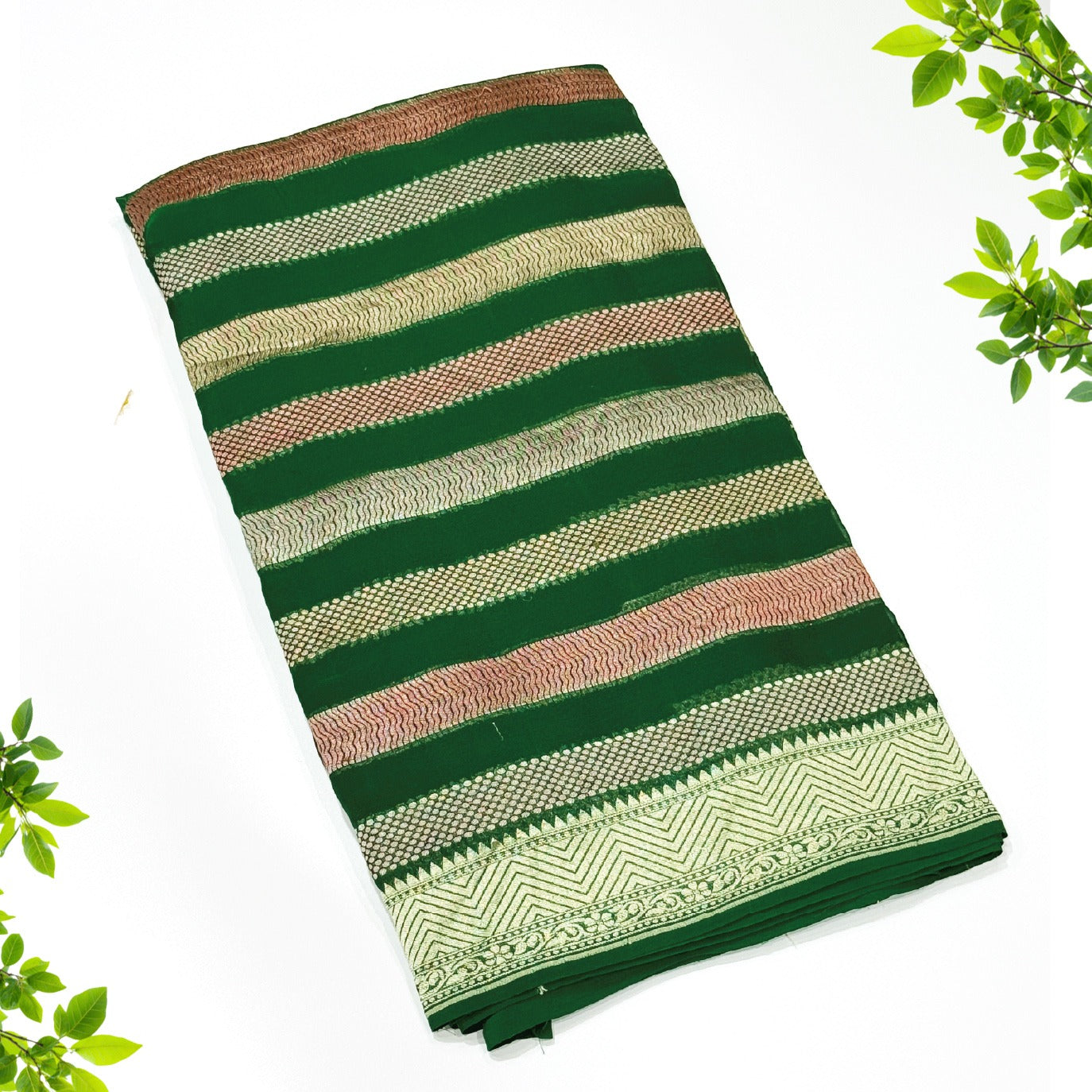 Bottle Green Stripes Pure Georgette Saree (Swara)
