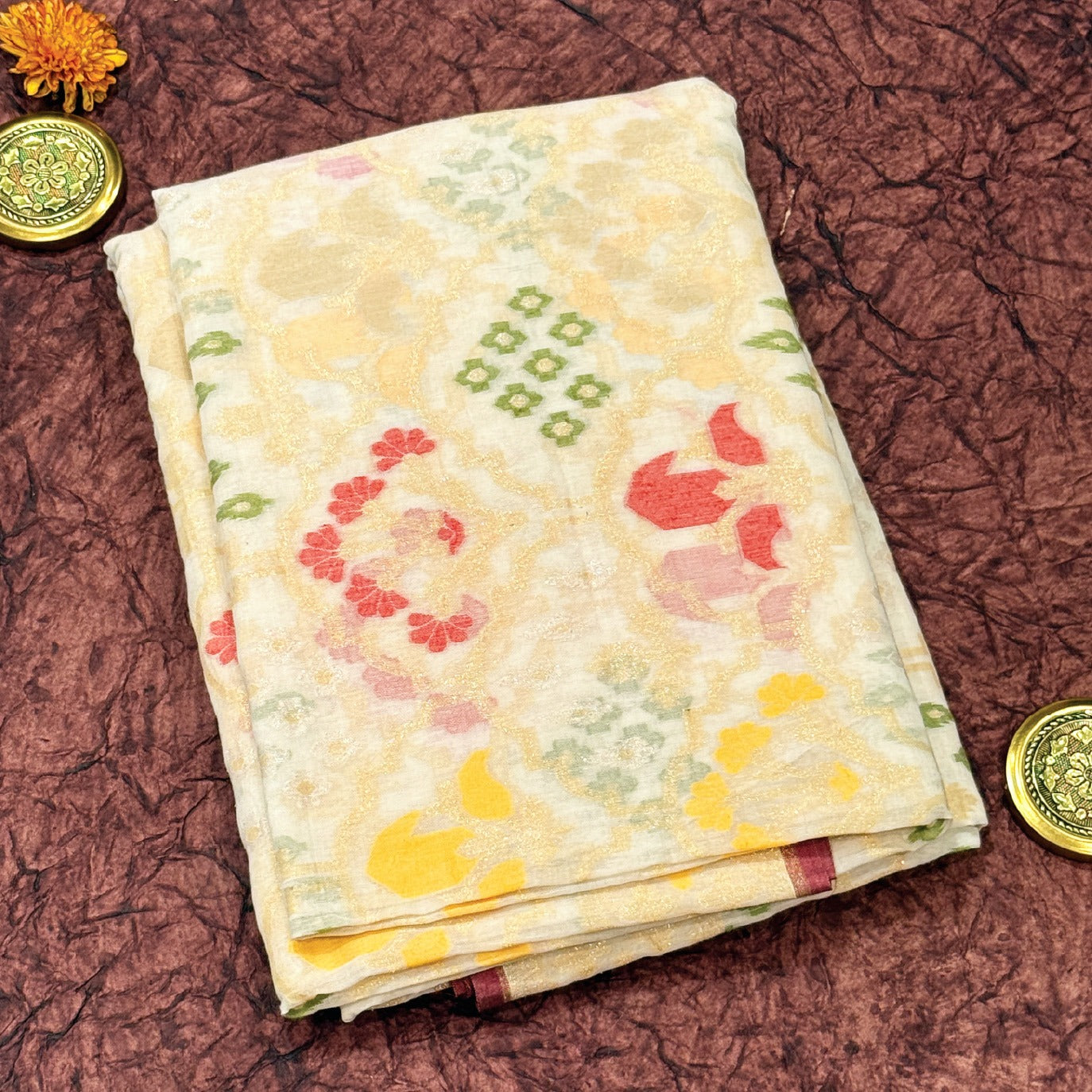 Cream Handloom Jamdani Pure Banarasi Cotton Saree (Swara)