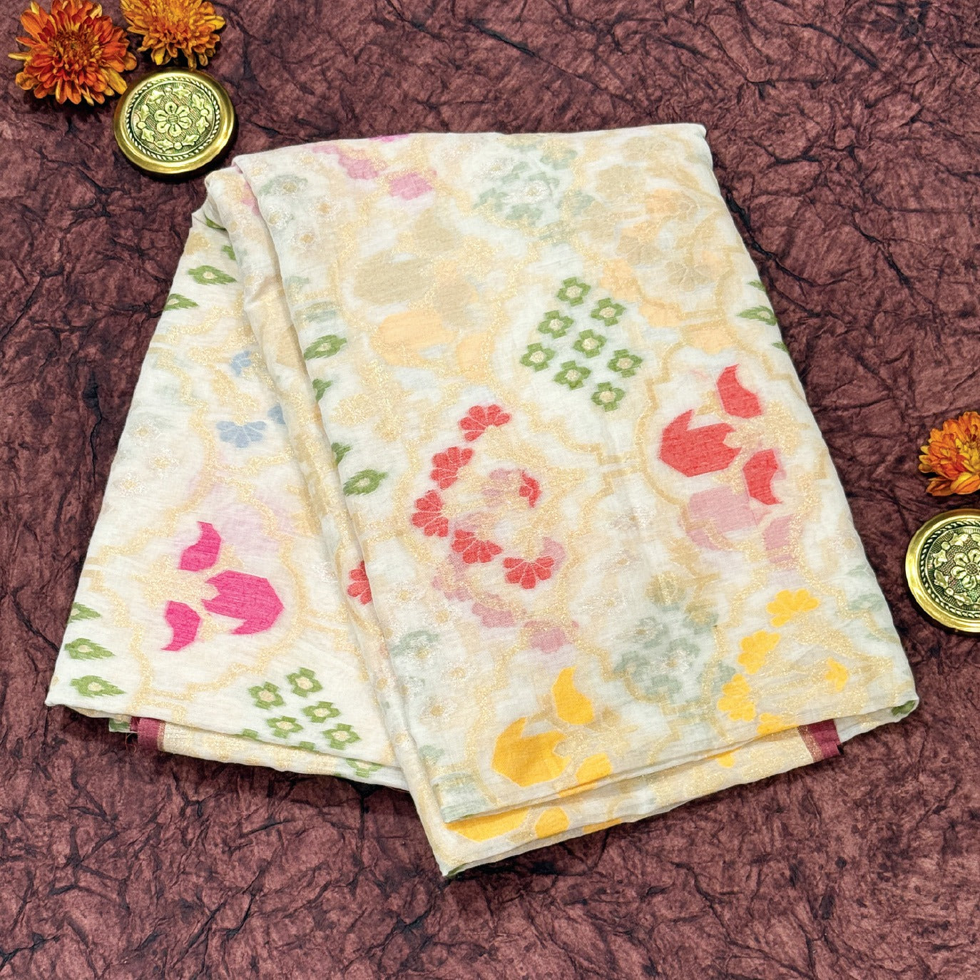 Cream Handloom Jamdani Pure Banarasi Cotton Saree (Swara)