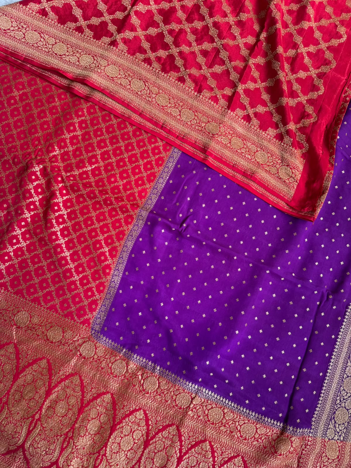 Red n Purple Half n Half Benarasi Crepe Saree 107