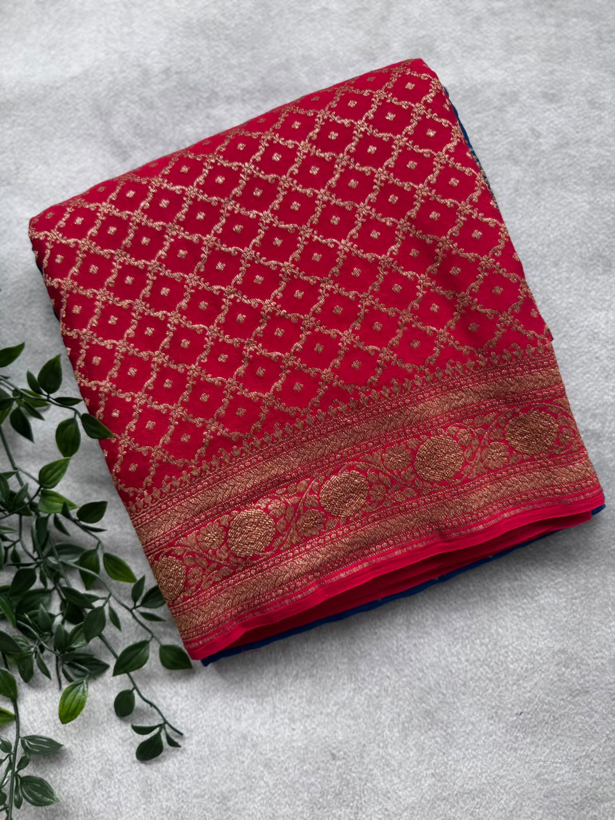 Red n Peacock Blue Half n Half Benarasi Crepe Saree 107