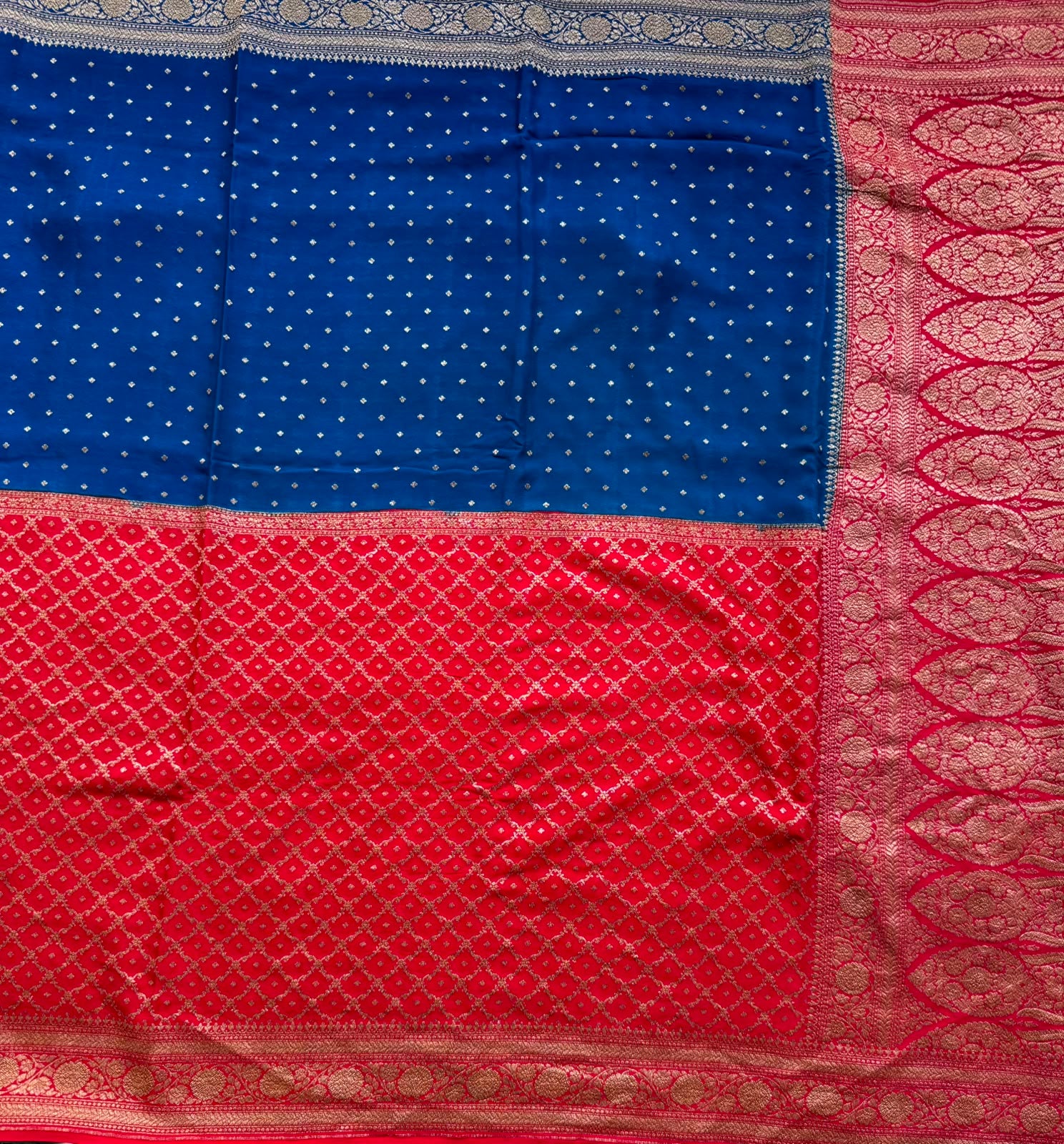 Red n Peacock Blue Half n Half Benarasi Crepe Saree 107