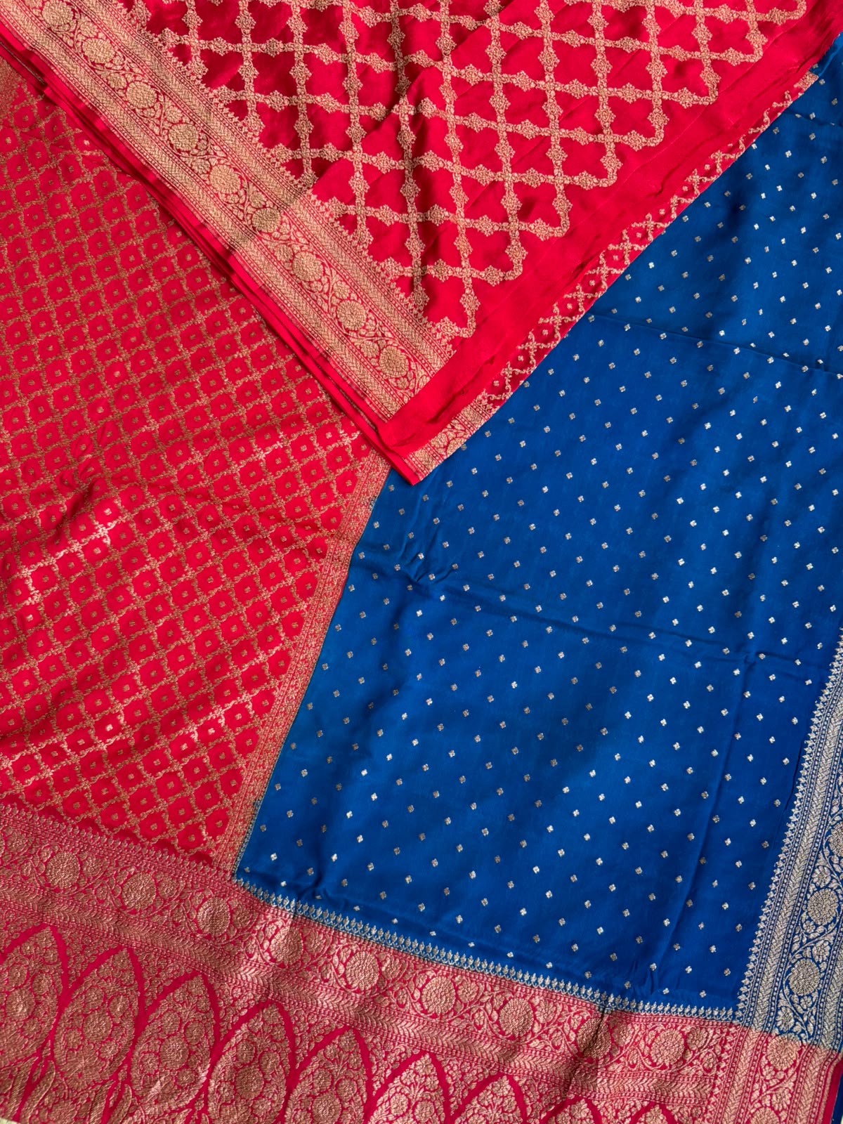 Red n Peacock Blue Half n Half Benarasi Crepe Saree 107